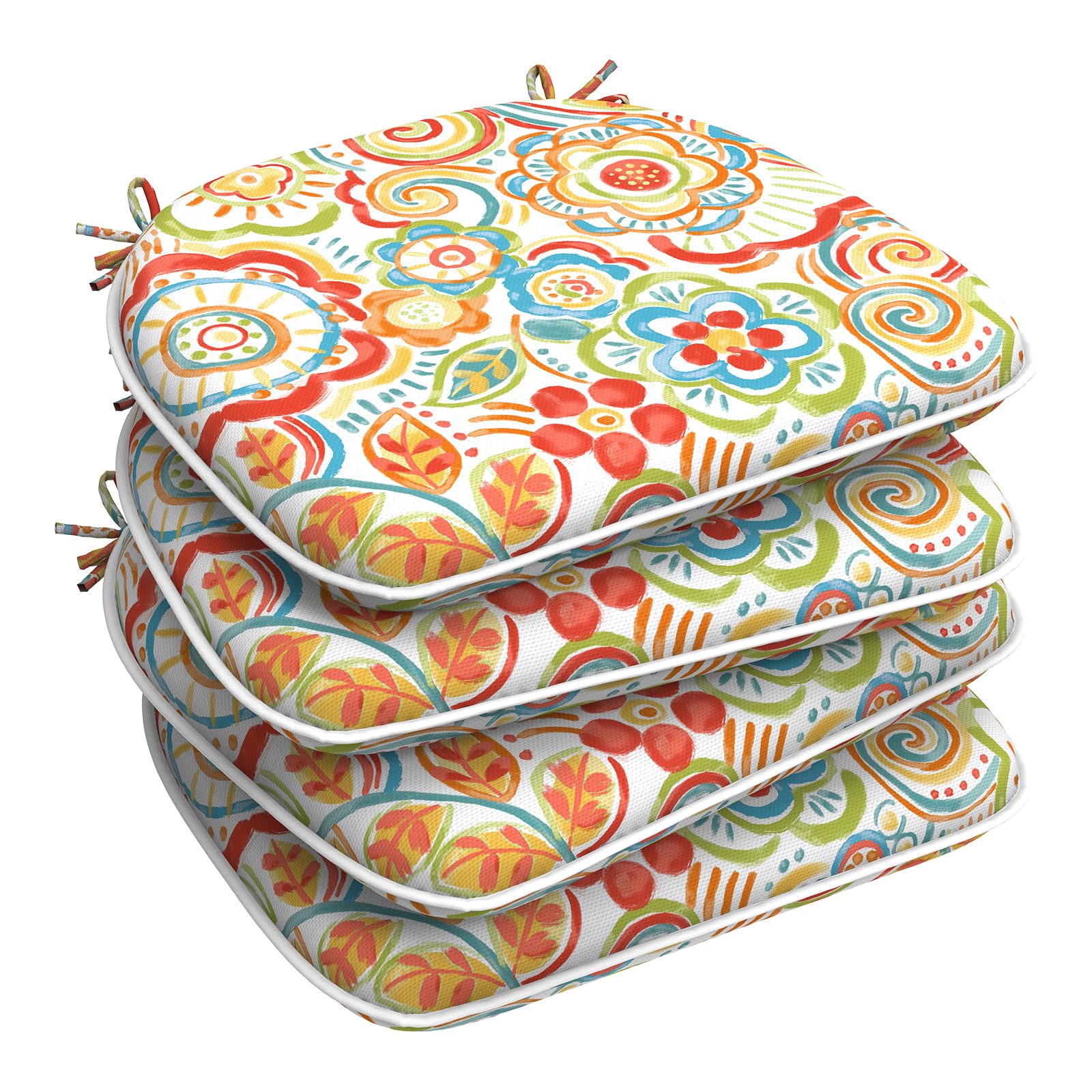 LTXIII Indoor Outdoor Chair Cushions with Ties - 16x17 Inch Waterproof Patio Seat Pads (4 Pack, Floral Pattern) for Garden, Deck, Balcony & Home Office Furniture - Comfortable Outdoor Dining & Relaxation Cushions