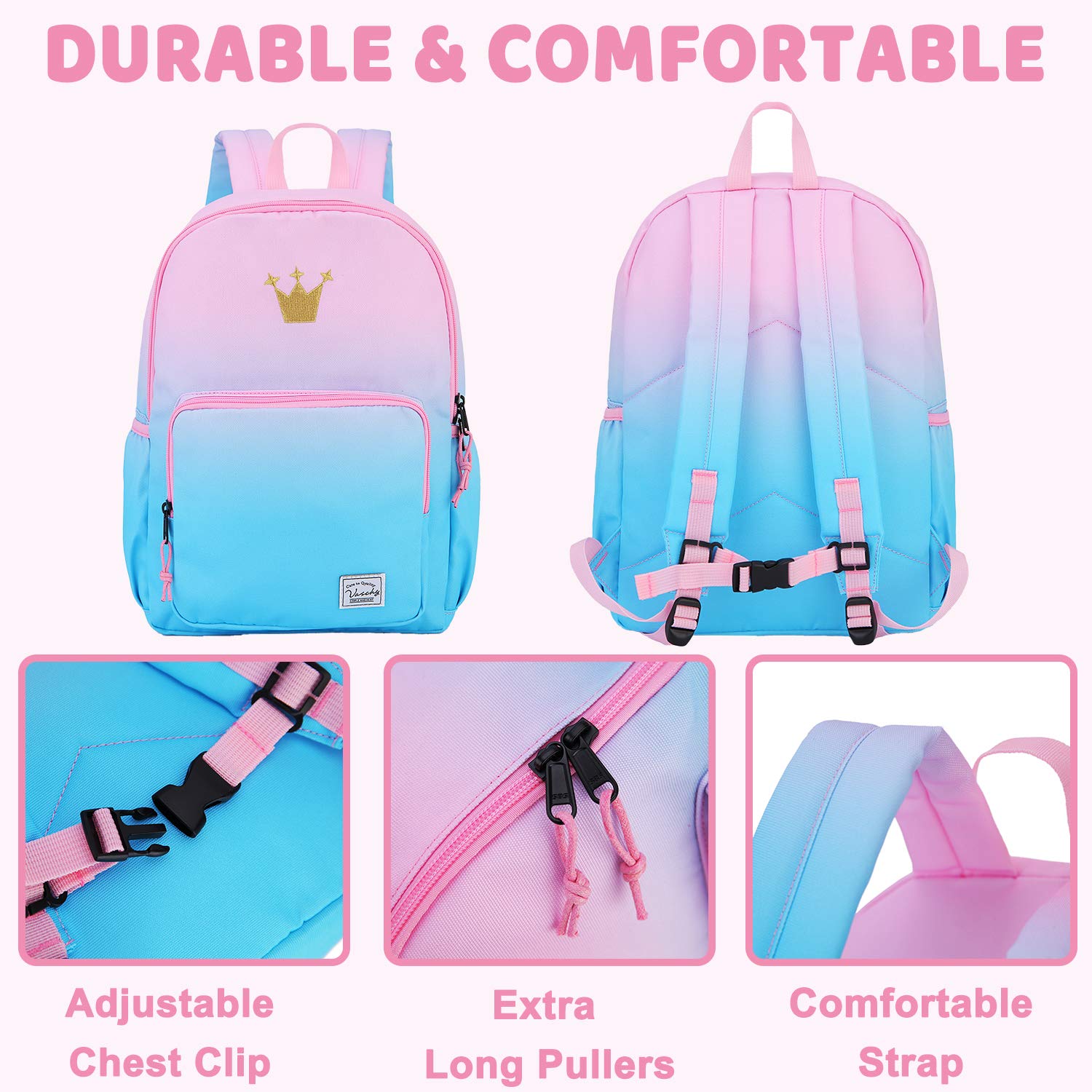 VASCHY Kids Backpack for Girls Ages 2-8 - Lightweight School Backpack with Adjustable Chest Strap for Kindergarten, Elementary, Travel & Outdoor Adventures | Perfect Gift for Toddlers & Little Girls
