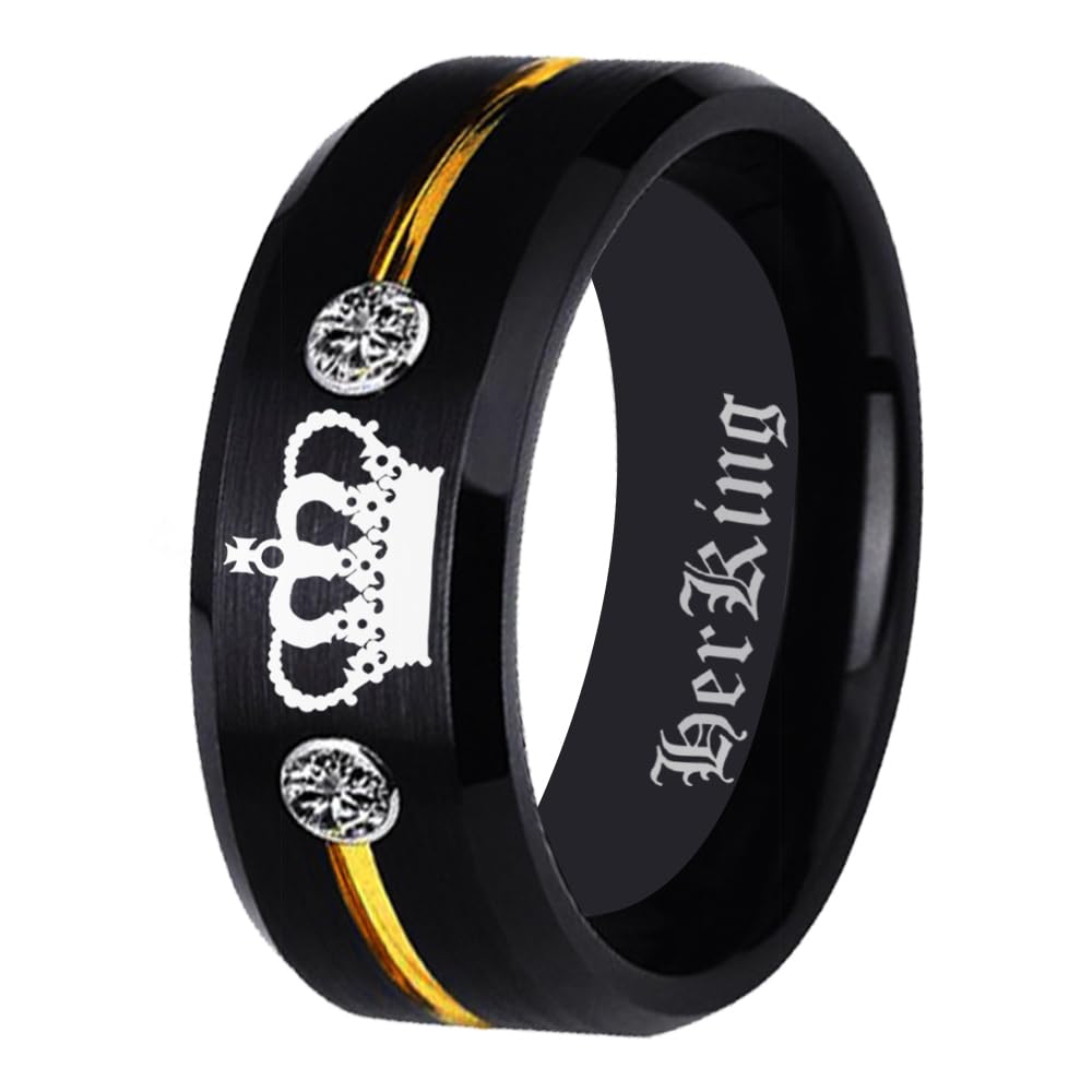 Custom Engraved His & Hers Tungsten Carbide Wedding Bands - King and Queen Promise Rings for Couples, Black Matching Set with White CZ Stones - Perfect for Engagements, Anniversaries and Romantic Gifts