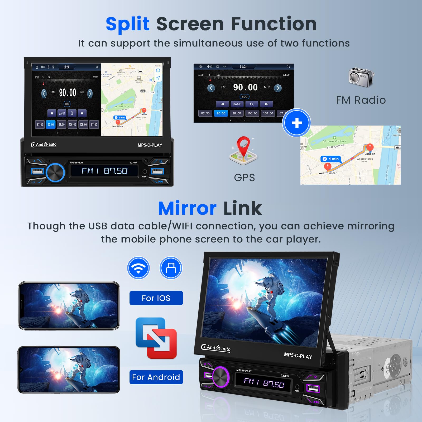 Hikity 1 Din Wireless CarPlay & Android Auto Car Stereo - 7