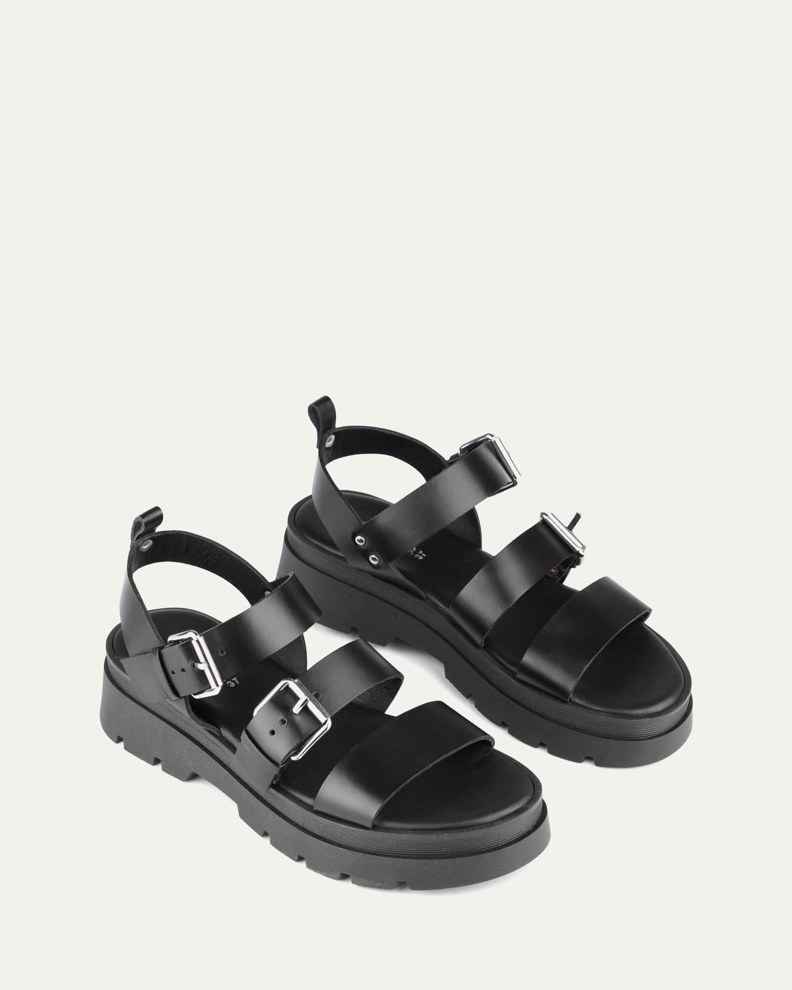 GIA Flat Sandals for Women - Black Leather Comfortable Slip-On Sandals | Casual Summer Shoes for Beach, Walking & Outdoor Activities