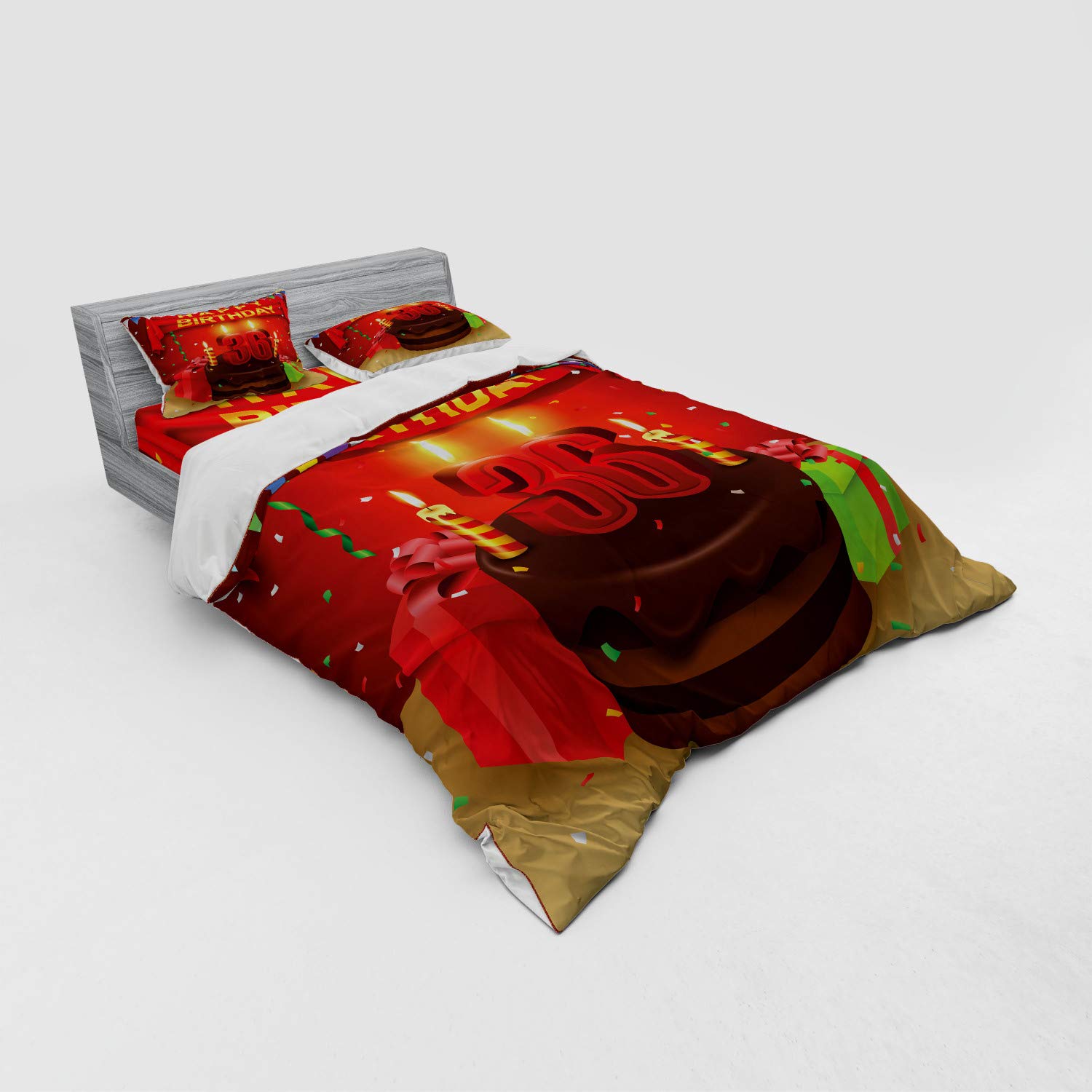 Ambesonne 36th Birthday Duvet Cover Set - Queen Size 4-Piece Bedding with Shams & Fitted Sheet - Celebration Party Print with Cake, Candles & Gifts in Red & Burgundy - Perfect for Birthday Decorations & Guest Room Bedding