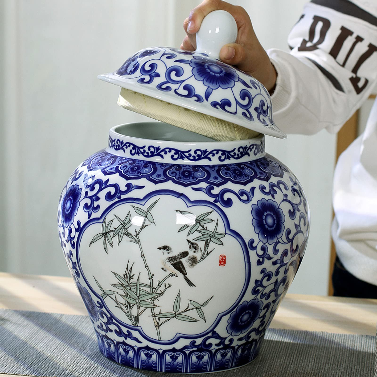 Blue and White Porcelain Vase - Ming Dynasty Style Ceramic Ginger Jar - Handcrafted Chinese Decorative Vase (H29.5cm x W22cm) for Home Decor, Wedding Centerpiece & Temple Altar Display