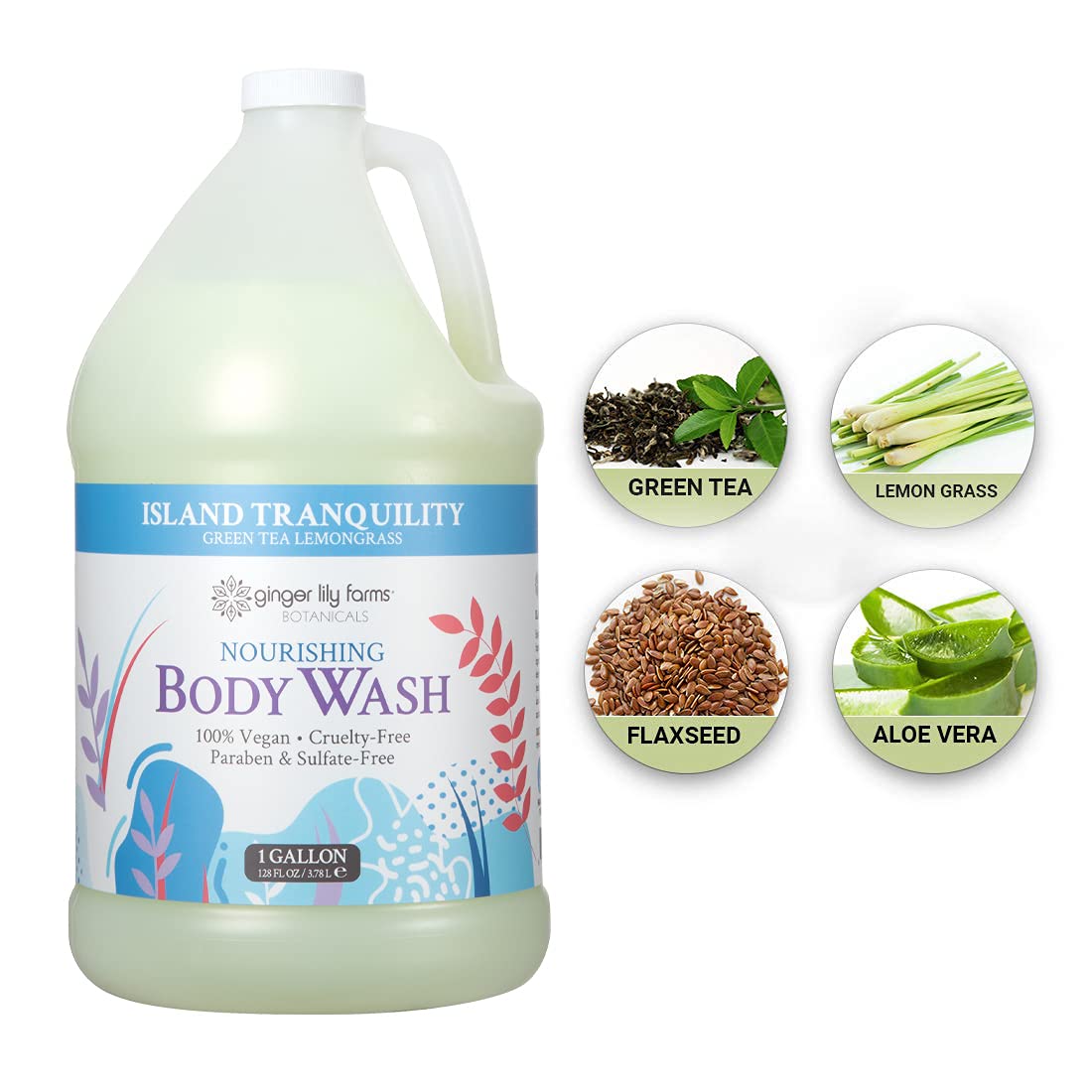 Ginger Lily Farms Botanicals Nourishing Body Wash - Island Tranquility Scent with Green Tea & Lemongrass | 100% Vegan & Cruelty-Free | 1 Gallon Refill (Pack of 4) | Perfect for Spas, Hotels & Eco-Friendly Homes