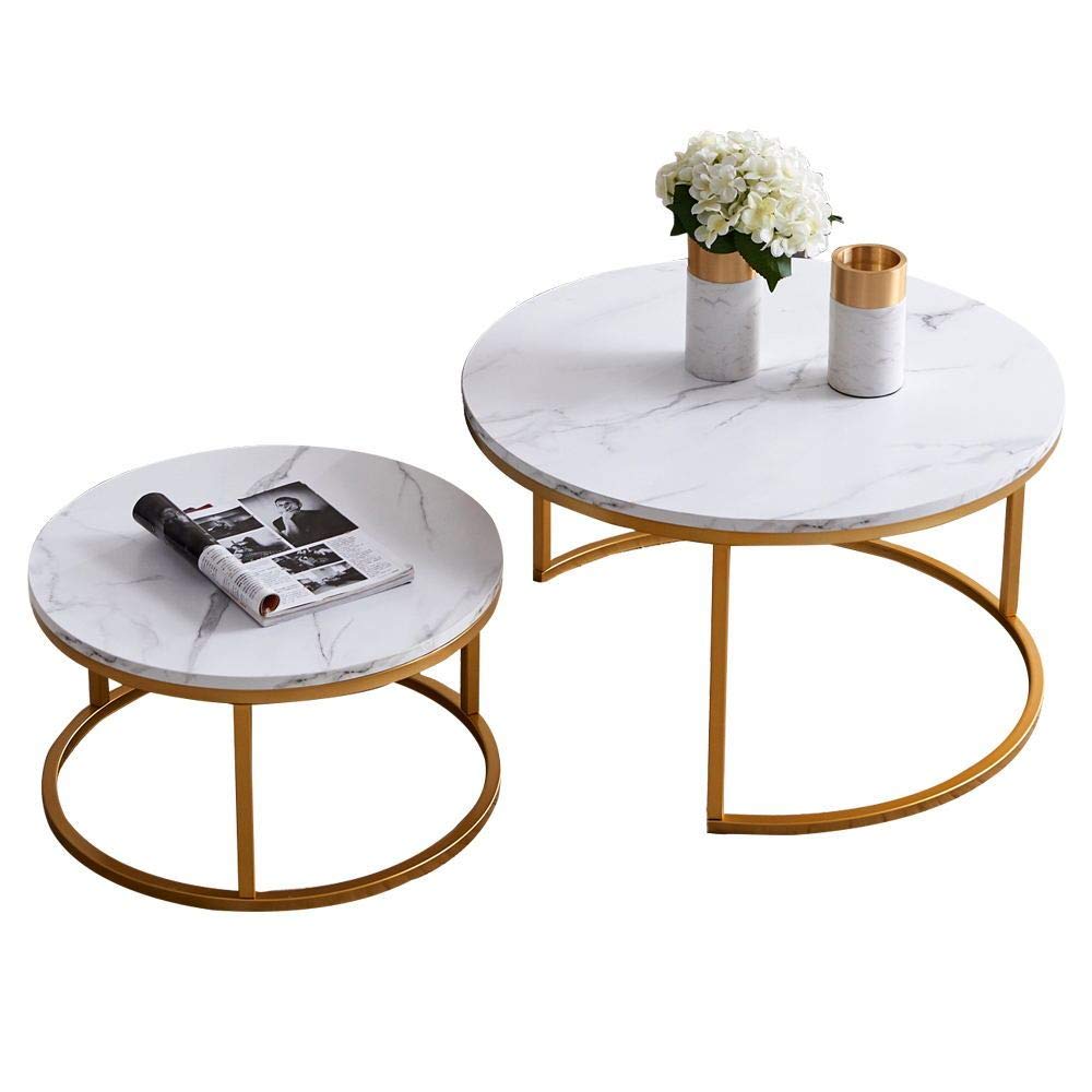 UNIE Modern Nesting Coffee Table Set of 2 - Round Accent Tables with Faux Marble Wood Top & Gold Metal Frame - Living Room, Office, Balcony Decor - Gold & White (ORW24714369) - Perfect for Small Spaces & Stylish Home Decor