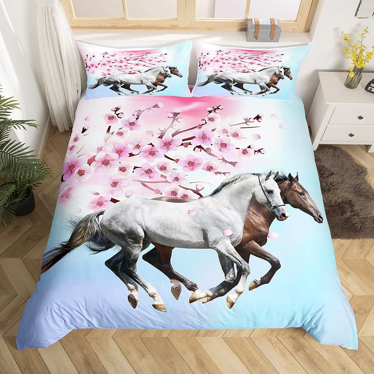 3D Wild Horse Cherry Blossom Duvet Cover Set - Pink & Blue Galloping Horse Print Microfiber Bedding for Kids, Girls & Teens - Queen Size Bedspread for Cozy Bedroom Decor | Perfect for Kids' Rooms, Teen Bedrooms & Animal-Themed Decor