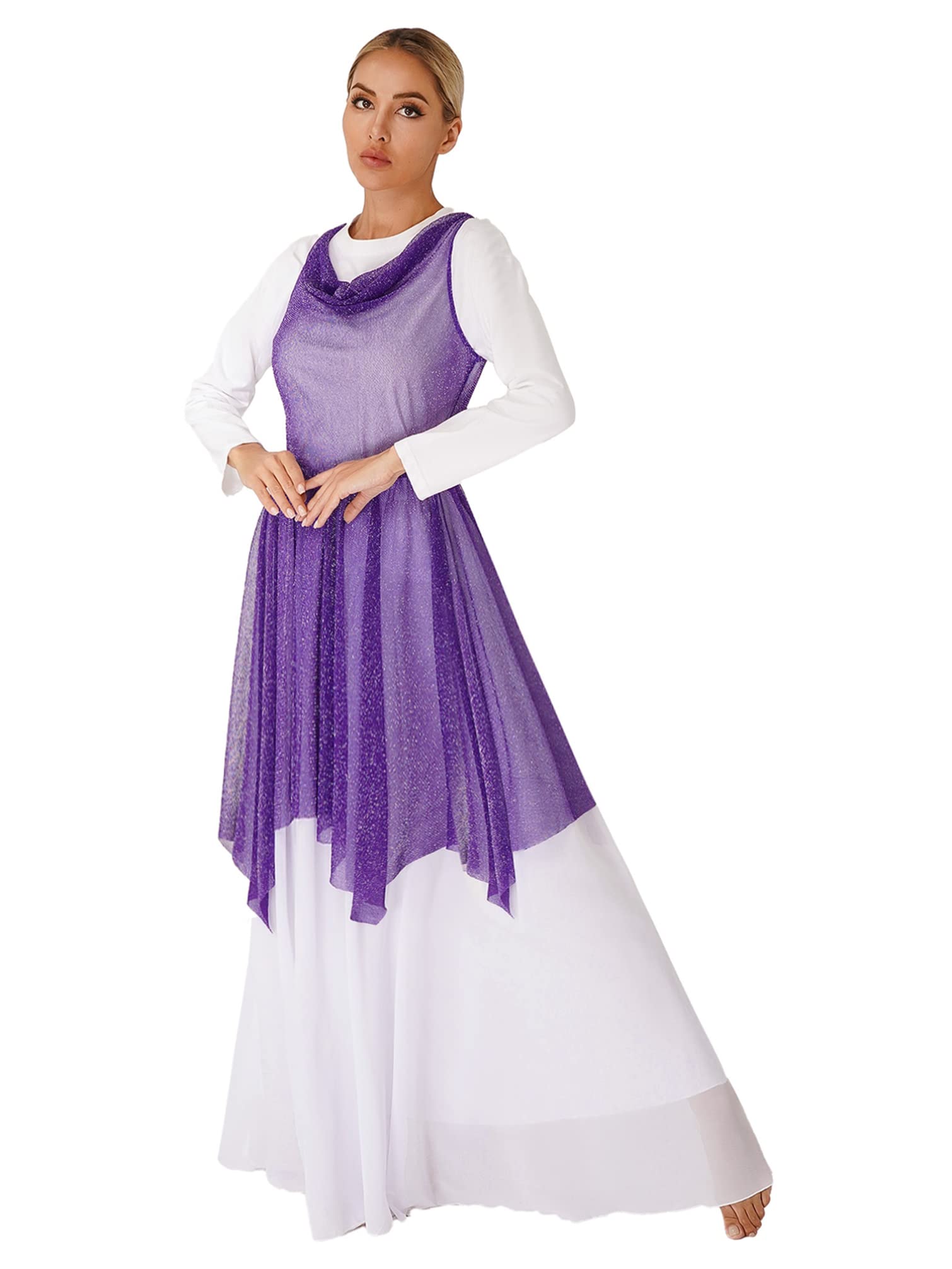 TiaoBug Women's Glittery See-Through Liturgical Dance Tunic - Worship Praise & Lyrical Dance Overlay Dress for Church Performances & Stage Costumes