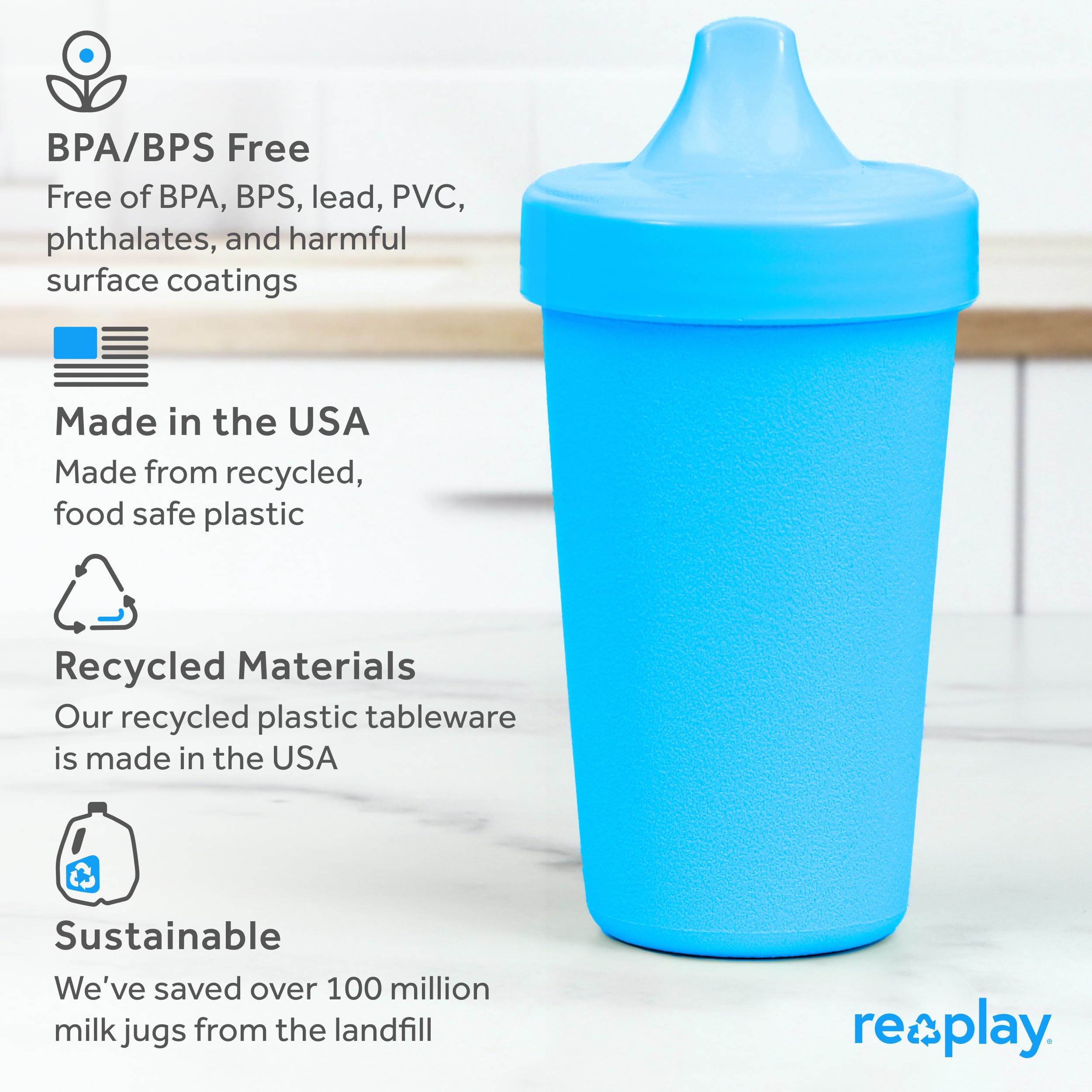 Re-Play Made in USA 10 Oz. Toddler Sippy Cups Set of 3 - BPA-Free Spill Proof Kids Cups, Dishwasher & Microwave Safe - Hard Spout Baby Sippy Cups 3.13