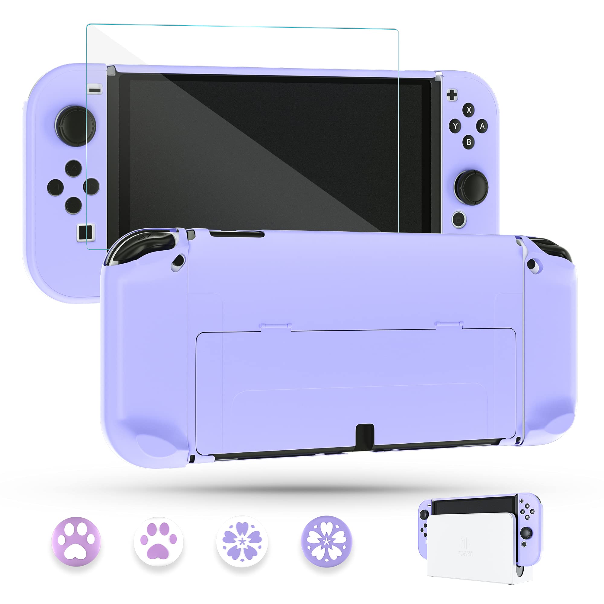 Premium Purple Protective Case for Nintendo Switch OLED Model 2021 - Dockable Hard Shell Cover with Screen Protector & 4 Thumb Grips - Full Body Protection for Switch OLED Console & Joy-Con Controllers - Perfect for Gaming, Travel and Everyday Use
