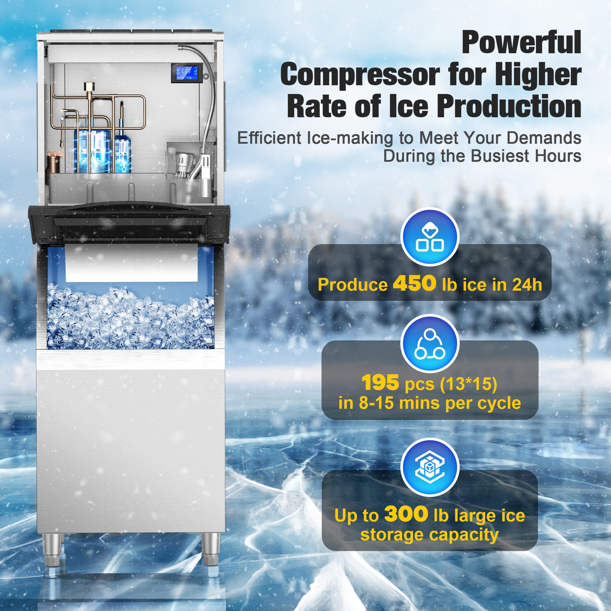 Commercial Ice Maker Machine 450LBS/24H - 22'' Wide Stainless Steel Ice Machine with 300LBS Storage Bin | Air Cooled Clear Ice Cube Maker for Restaurants, Bars, Cafes & Businesses | Perfect for Cocktails, Beverage Service & Food Preservation