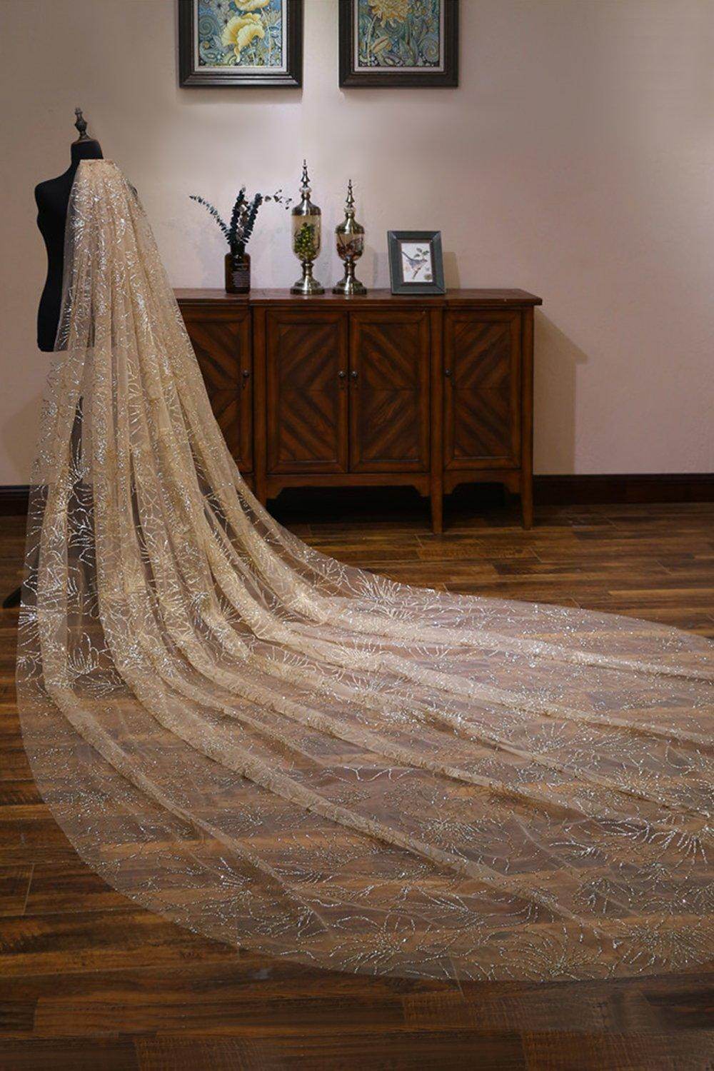 Elegant One-Tier Cut Edge Tulle Cathedral Wedding Veil with Sparkling Glitter Powder - CV0362 | Perfect for Bridal Ceremonies, Photo Shoots & Formal Events