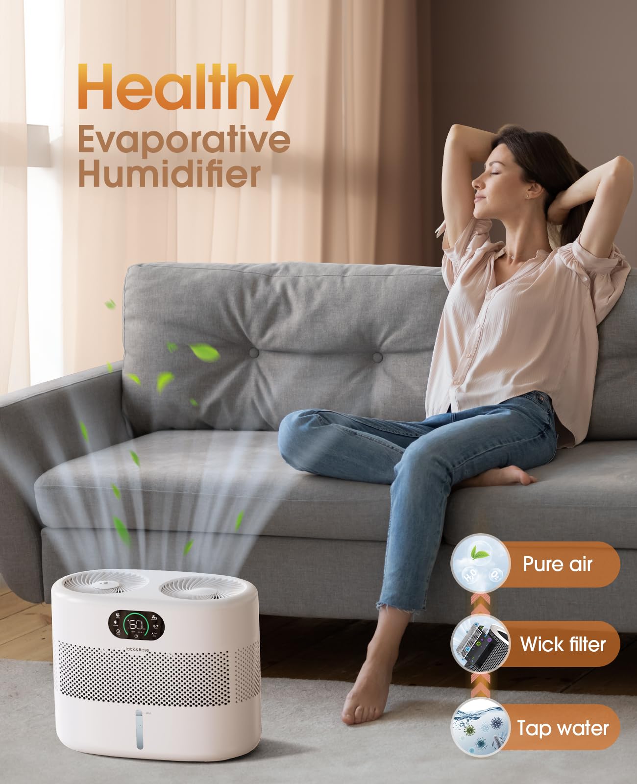 Reusable Wick Evaporative Humidifier for Large Bedrooms - 800ml/h Output, 3 Speed Settings, 2 Gallon Capacity with Auto Shut-Off & Timer | Quiet Operation, No White Dust | Perfect for Baby Nurseries, Home Offices & Dry Climate Relief