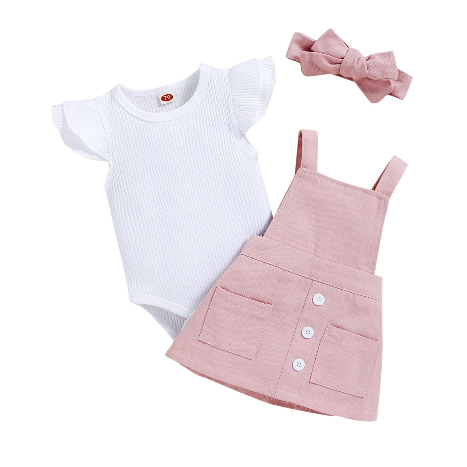 Xbgqasu Baby Girls' Fly Sleeve Ribbed Romper Outfit Set with Suspenders, Skirt & Headband - Cute Checkered Shirt for Infant Girls - Perfect for Playdates, Photoshoots & Special Occasions