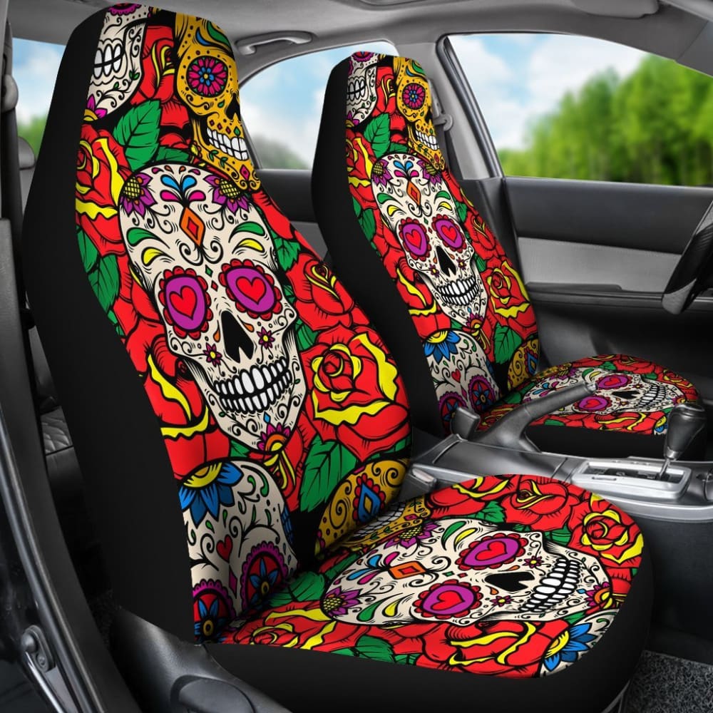 2 Pcs Floral Sugar Skull Car Seat Covers - Day of The Dead Design for Front Seats - Perfect for Halloween, Dia de Los Muertos Celebrations & Car Decorations