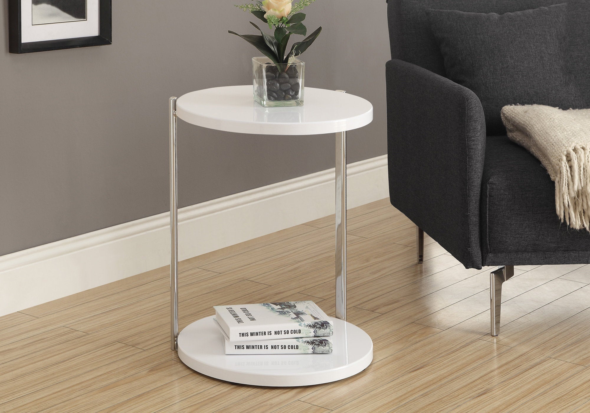 Modern Accent Table - Glossy White Finish with Chrome Metal Legs for Living Room, Bedroom, or Office Decor