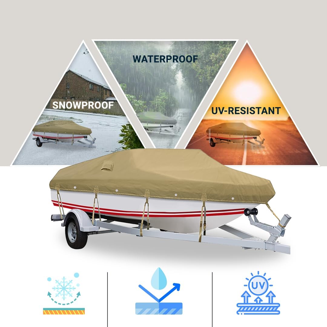 **15ft-17ft Heavy Duty 1100D PU Waterproof Boat Cover with Tightening Strap & Storage Bag – Trailerable Full Size for V-Hull Runabouts – UV, Weather & Scratch Protection – 2-Year Warranty – Perfect for Outdoor Storage & Travel**