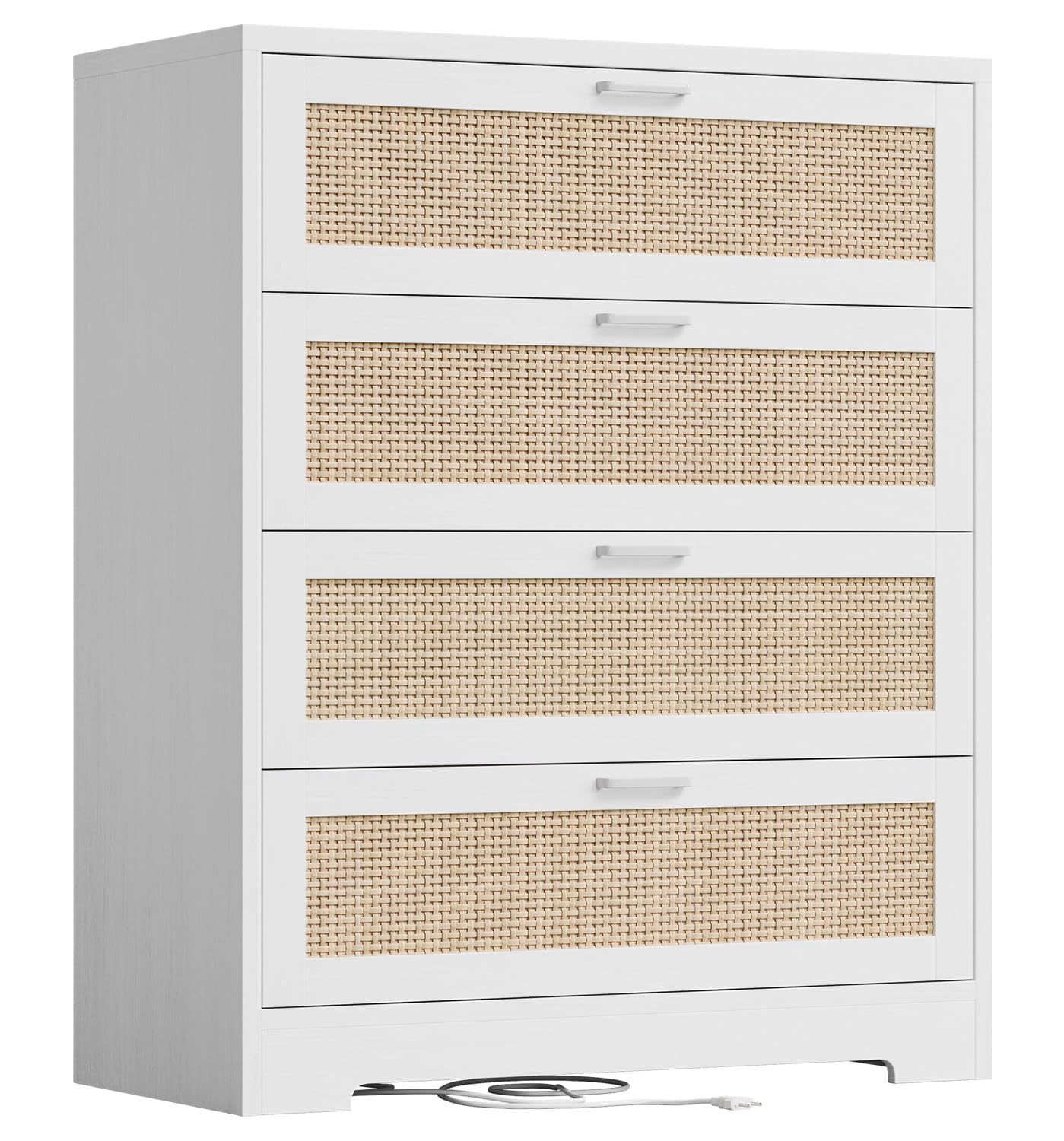Modern 4-Drawer Rattan Dresser with Power Outlets & Metal Handles - Wooden Chest Organizer for Bedroom, Living Room, Closet, Hallway & Entryway - Perfect for Storage, Charging Devices & Home Organization