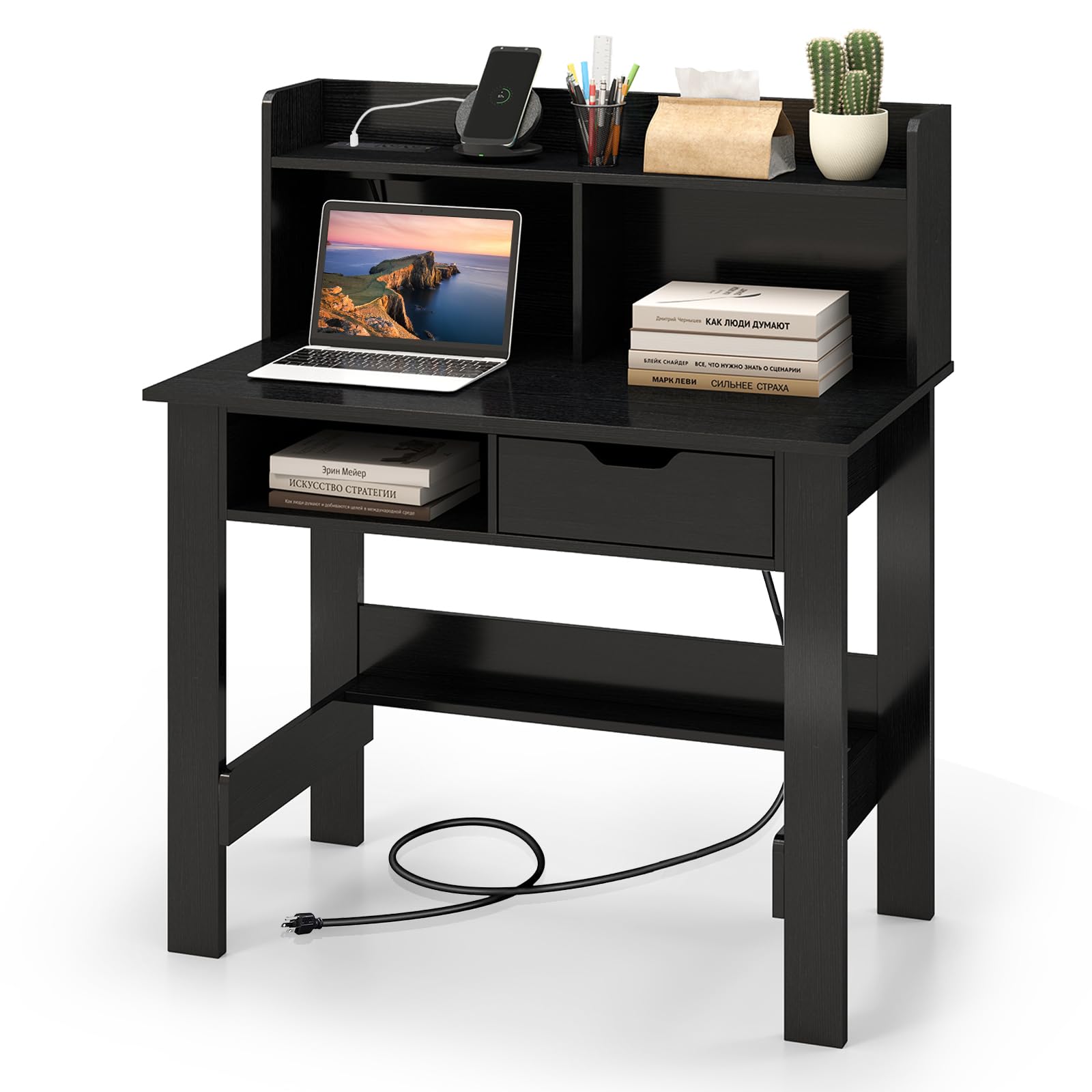 Tangkula Modern Computer Desk with Drawer & Hutch - Home Office Writing Desk with Charging Station & Storage Shelves, Space-Saving Workstation for Study, Work & Makeup Vanity | Perfect for Small Spaces, Home Office & Dorm Rooms