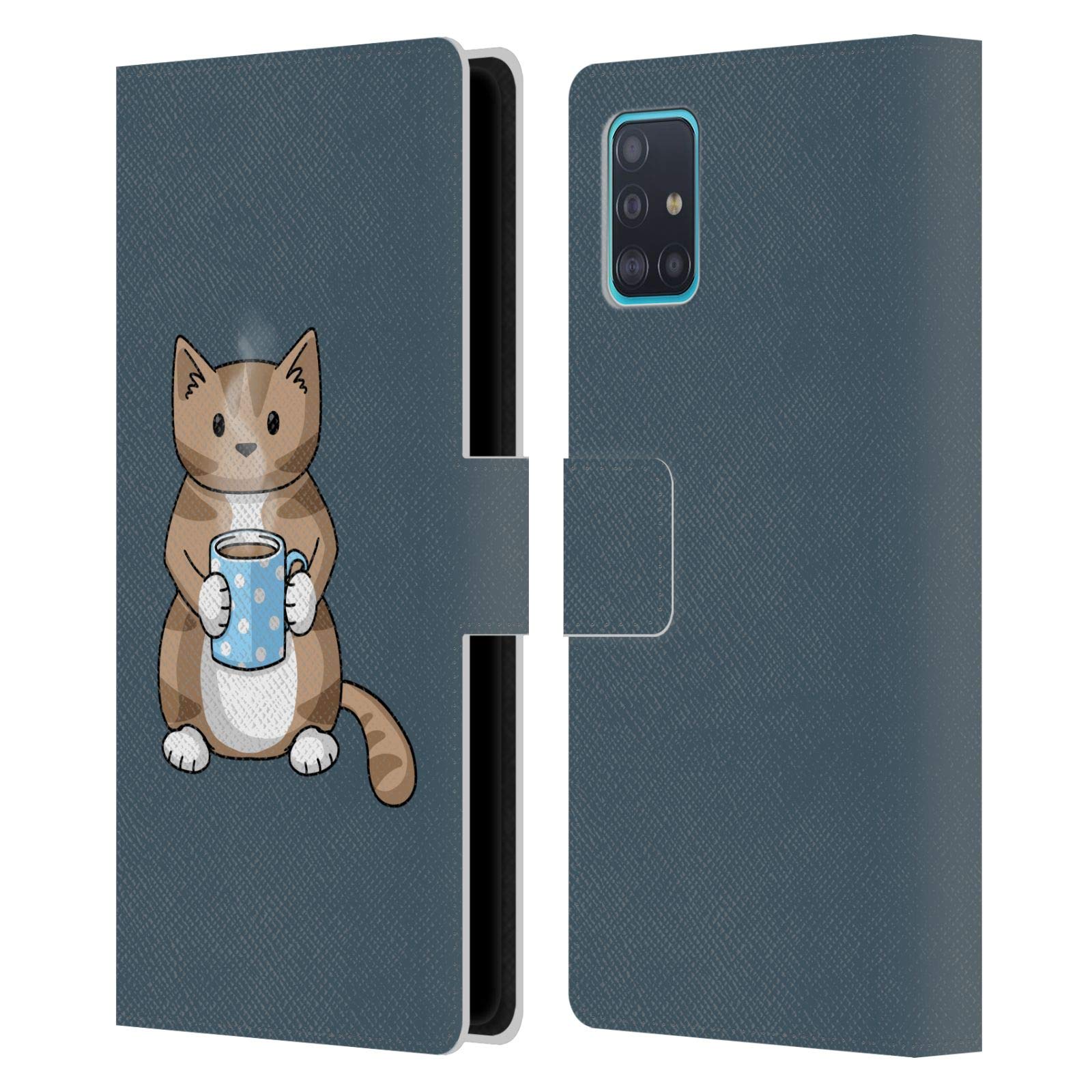Beth Wilson Doodlecats Leather Book Wallet Case for Samsung Galaxy A51 (2019) - Officially Licensed Coffee Drinking Cat Design by Head Case Designs, Perfect for Work, Travel & Everyday Use