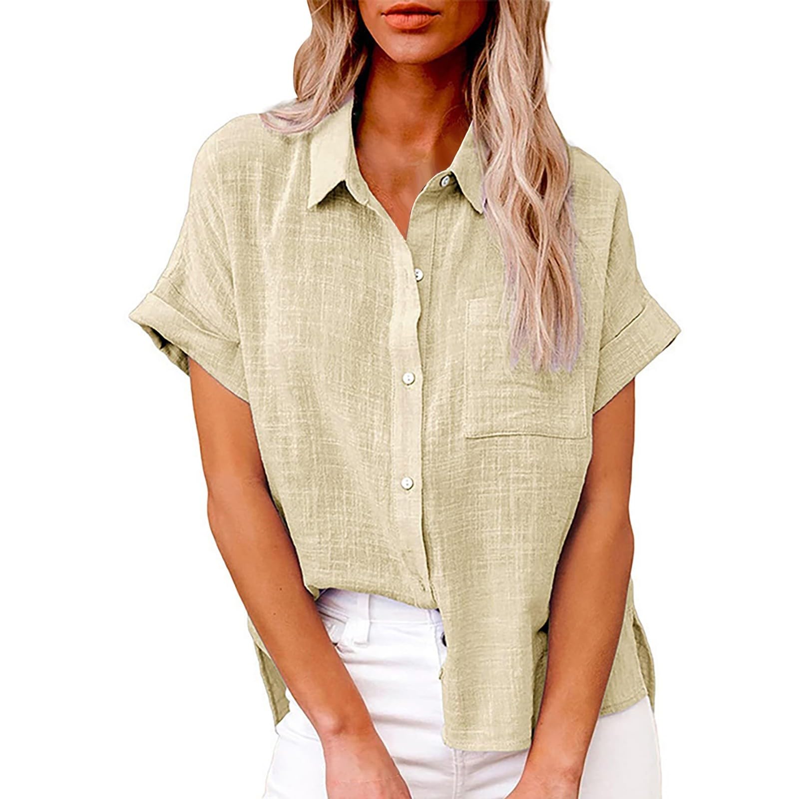 Women's Short Sleeve Linen Button Down Shirt - Casual Cropped Blouse with Solid Lapel | Perfect for Summer Outfits, Beach Wear & Office Casual Style