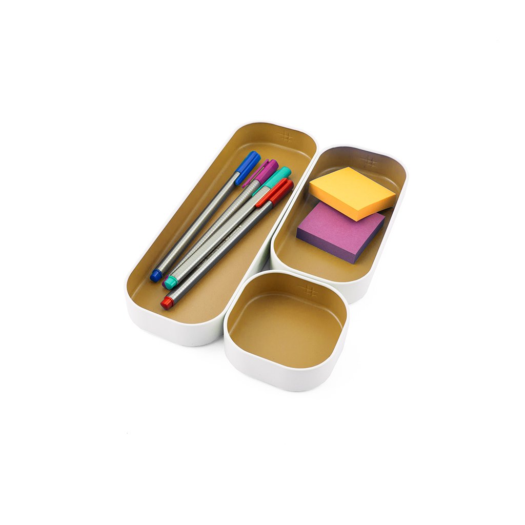 3-Piece Shallow Metal Organizer Tray Set - Gold & White (1 Inch) for Makeup, Stationery, Kitchen Utensils | Perfect for Office Desk, Bathroom & Kitchen Drawer Storage | Three by Three Seattle Collection