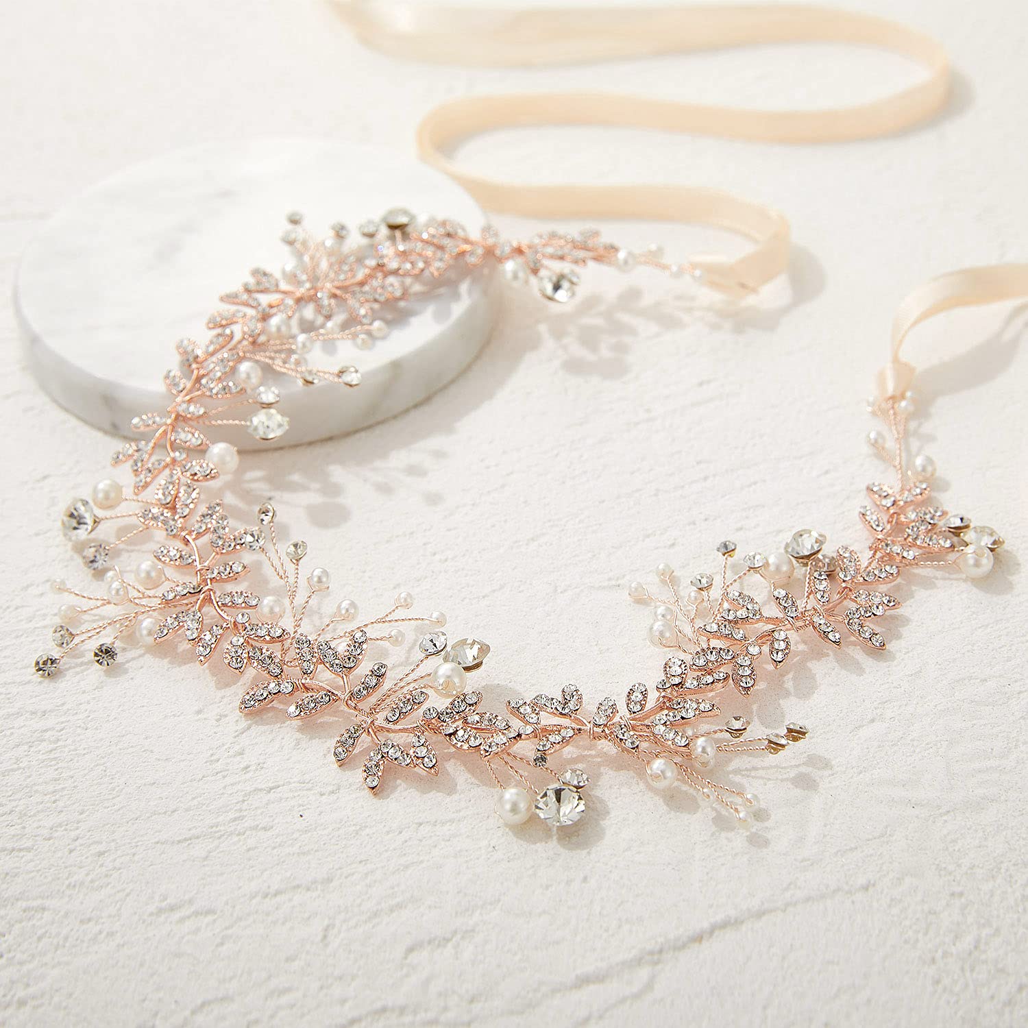 SWEETV Rose Gold Crystal Wedding Headband with Pearls & Rhinestones – Elegant Bridal Hair Vine for Women, Perfect for Weddings, Prom, and Formal Events
