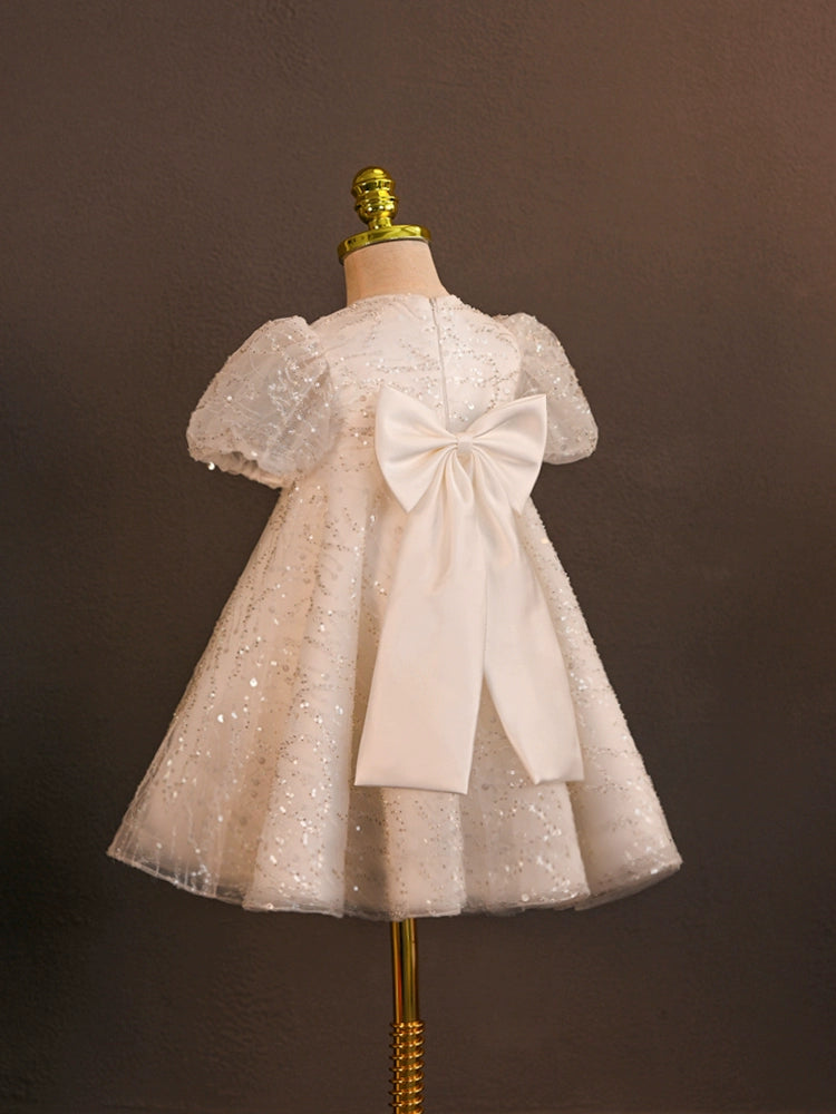 White Princess Round Tea Length Tulle Flower Girl Dress - Perfect for Weddings, Bridal Showers & Special Occasions