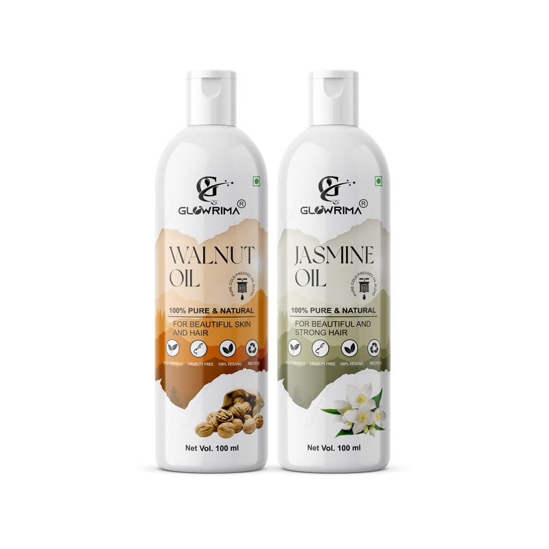Glowrima 100% Pure Walnut Oil & Jasmine Oil Combo (100ML Each) for Hair Growth, Anti-Hair Fall, Split Ends Repair – Promotes Soft, Shiny Hair – Pack of 2 – Perfect for Daily Hair Care & Scalp Massage