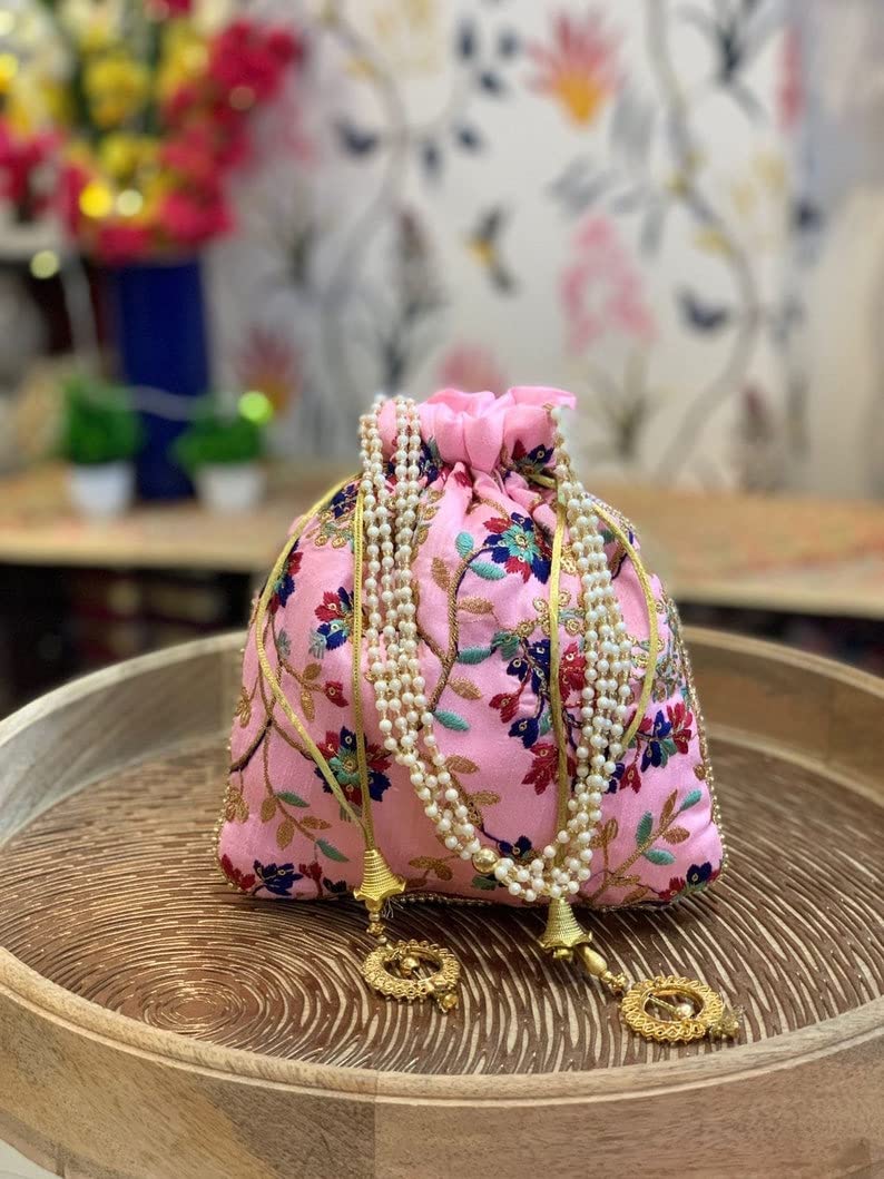 IGH Embroidered Silk Pouch Bag - Designer Women's Potli Clutch Purse with Handle for Festivals, Weddings & Special Occasions | Perfect Gift for Women, Brides & Party Accessories