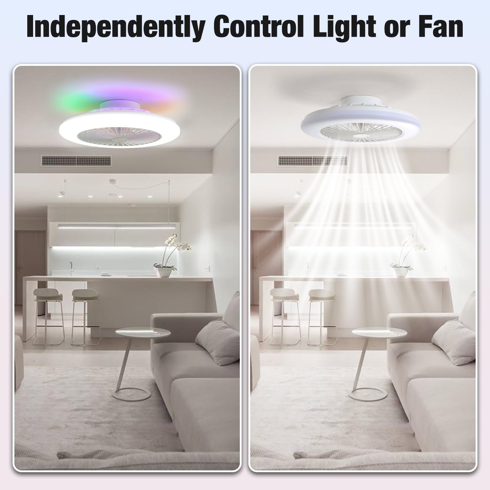 19 Inch RGB Smart Ceiling Fan with Lights - Low Profile, App & Remote Control, 3CCT Dimmable, 5 Blades, 6 Speed Reversible Quiet DC Motor for Bedroom, Living Room - Perfect for Modern Home Decor & Smart Home Integration