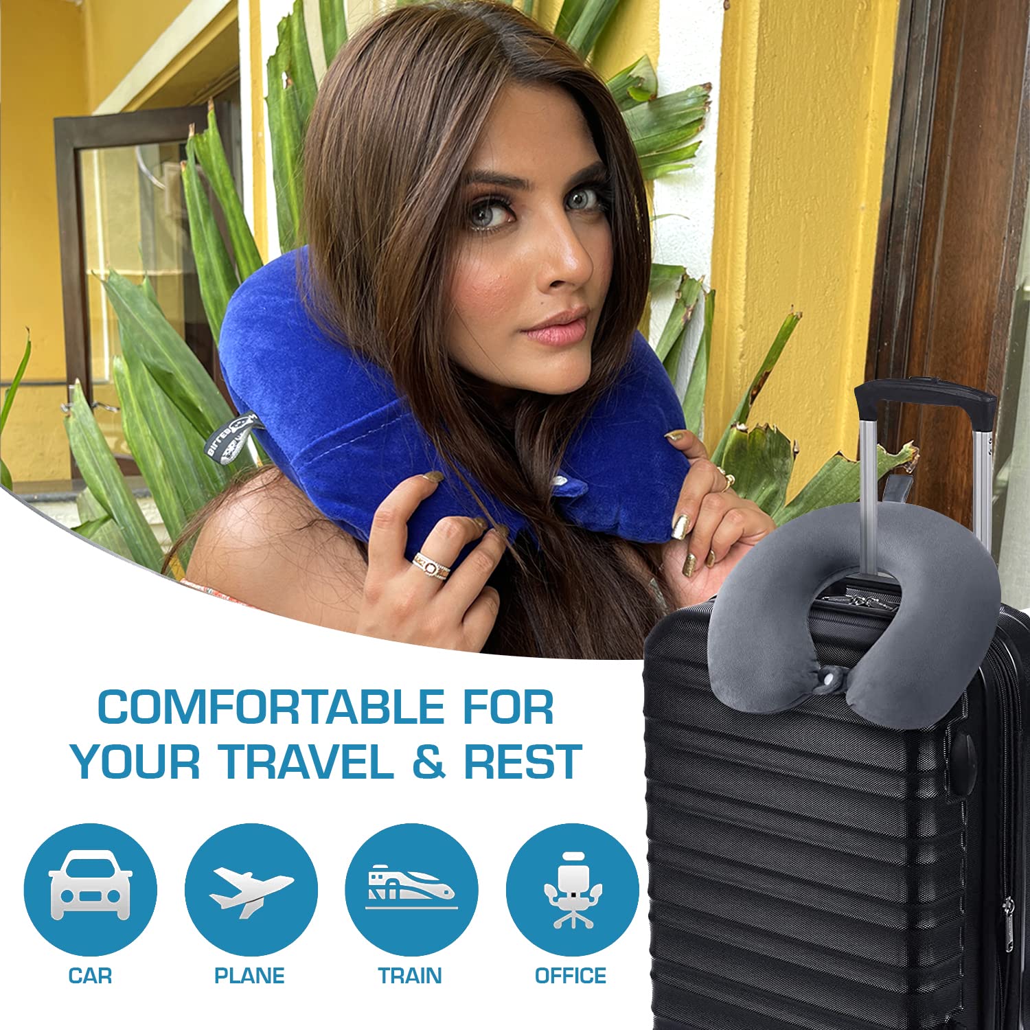 Billebon Premium Memory Foam Neck Pillow for Airplane Travel - Adjustable 360° Support Head Rest with Soft Cover - Perfect for Long Flights, Road Trips & Office Napping