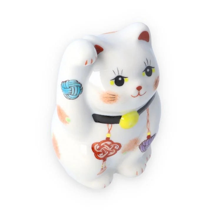 Authentic Japanese Kutani Yaki Maneki Neko Lucky Cat Figurine - Traditional Mizuhiki Decorative Knot Black Ceramic - Perfect for Home Decor, Office Feng Shui & Japanese Culture Collectors