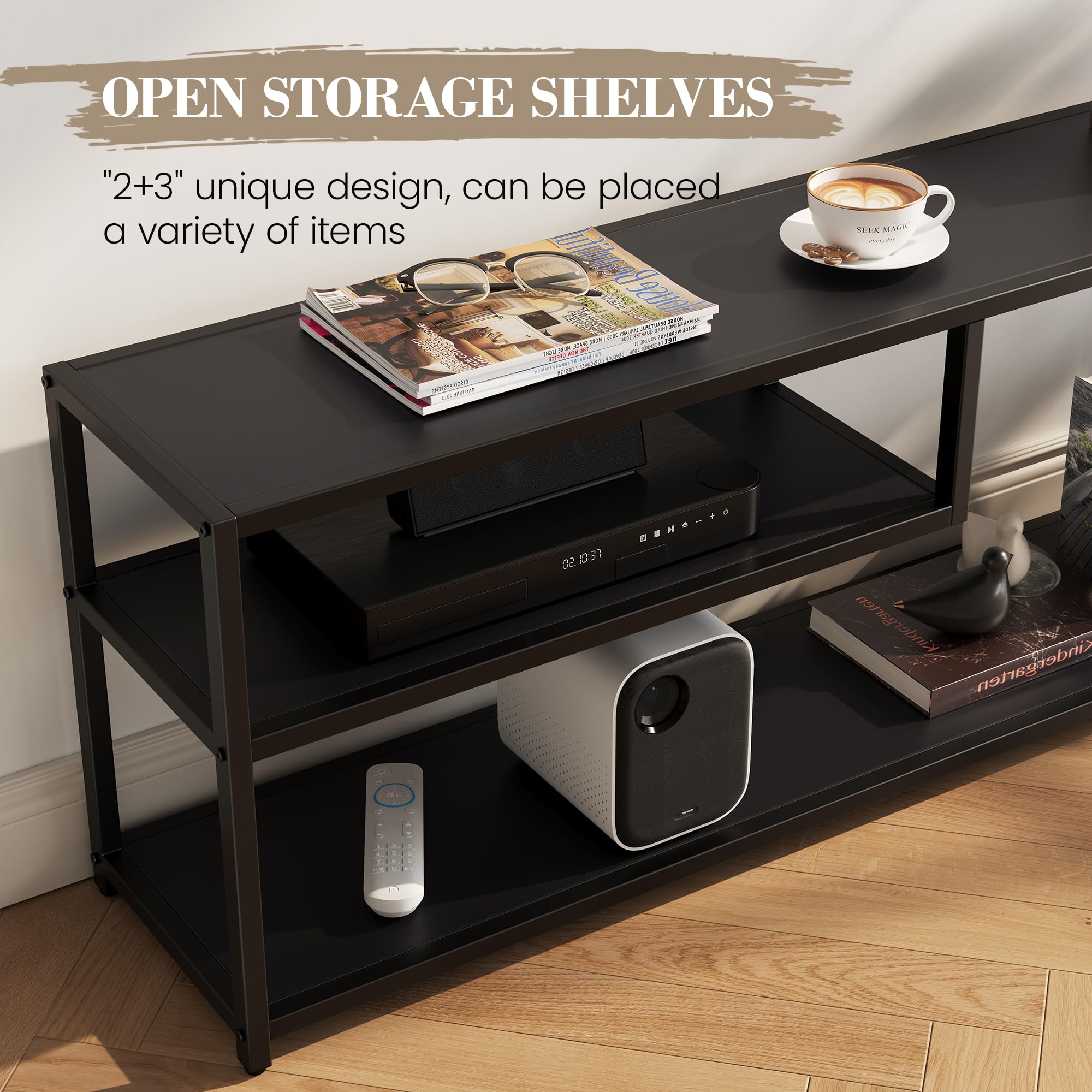 Modern TV Stand for 55 Inch TVs with Storage Shelves - Sturdy Metal Frame Entertainment Center - TV Console Table for Living Room & Bedroom (Black) - Perfect for Home Theater Setup & Space Saving Storage