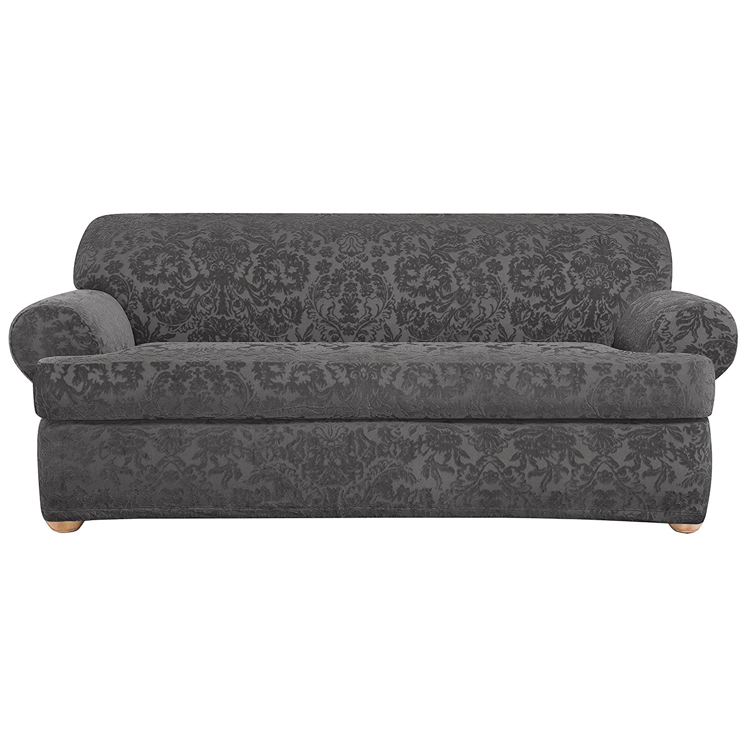 SureFit Stretch Jacquard Damask 2-Piece Sofa Slipcover - Gray - Fits Most Couches & Loveseats - Easy Washable Sofa Cover for Living Room, Bedroom & Home Decor
