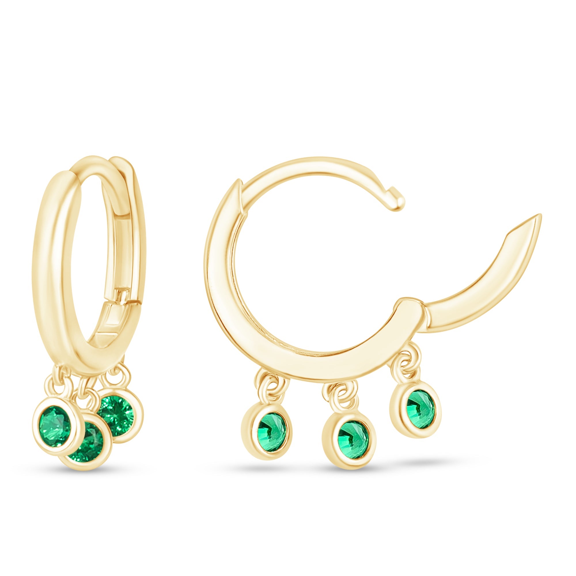 14K Solid Yellow Gold Emerald Charm Hoop Earrings - Elegant Jewelry for Women, Perfect for Parties, Weddings & Everyday Wear