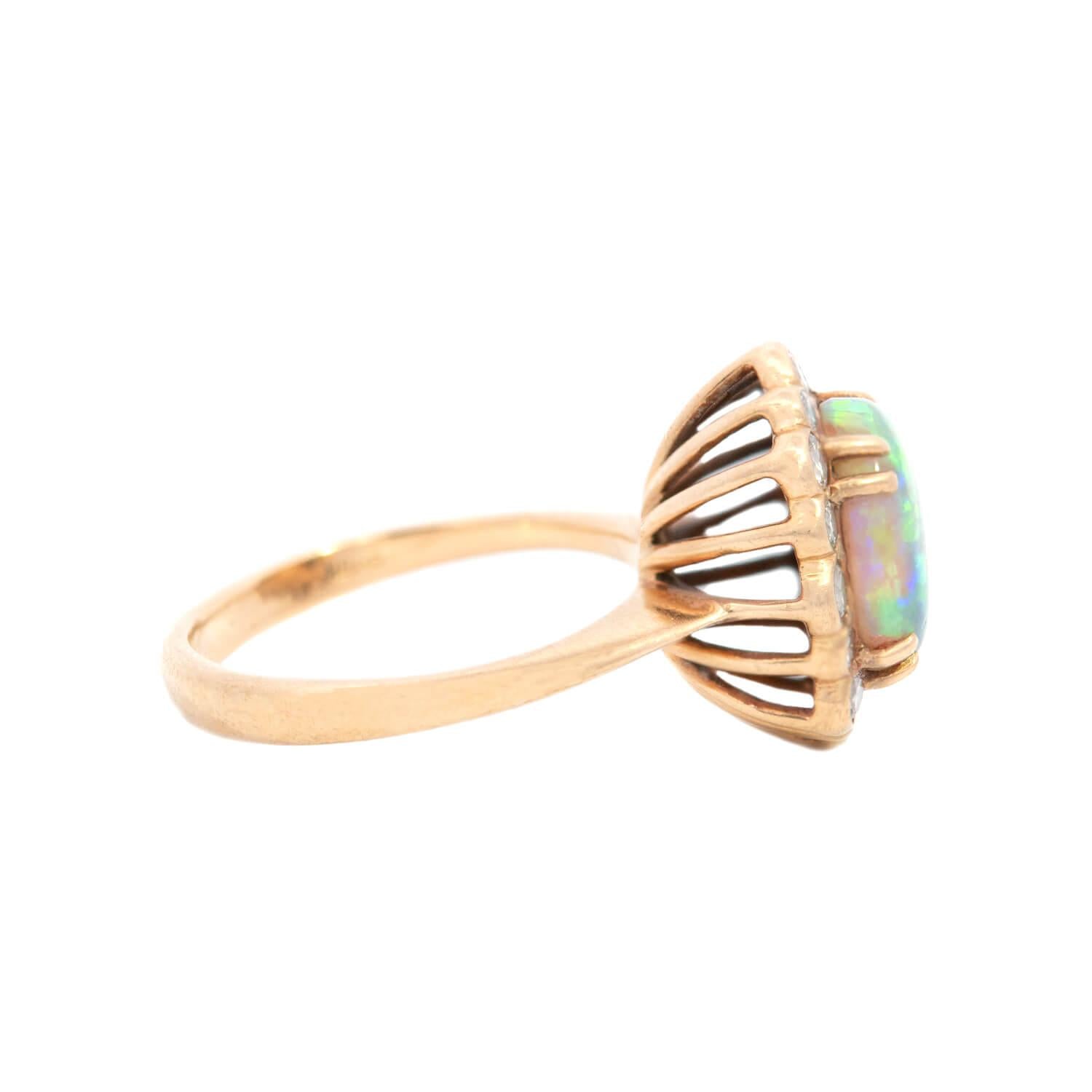 Vintage 18K Gold Opal and Diamond Halo Ring - Elegant Engagement, Wedding, Anniversary Jewelry Gift for Women