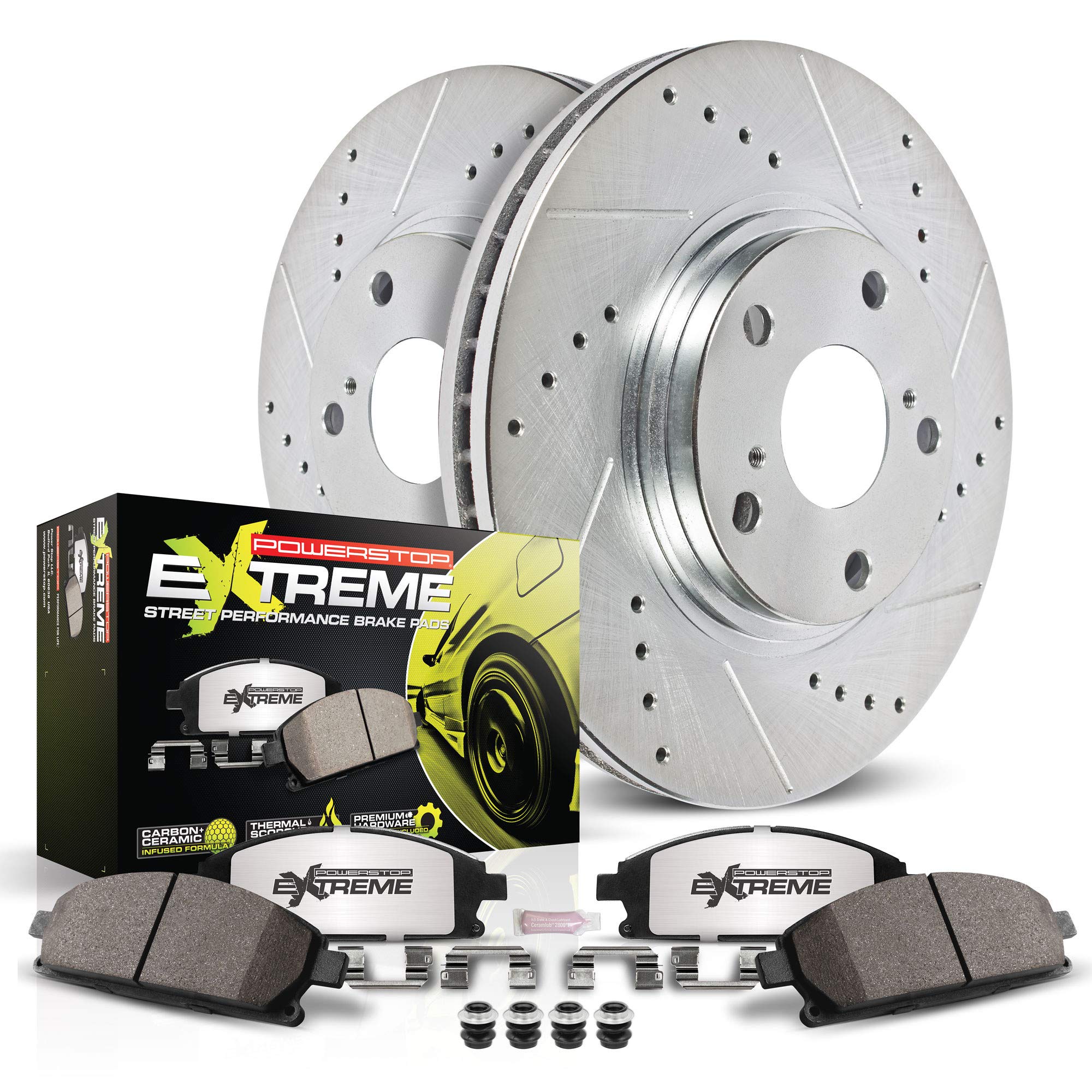 Power Stop K7891-26 Z26 Carbon Fiber Brake Pads & Drilled Slotted Rotors Kit - Fits 2017-2022 Subaru Impreza | High-Performance Braking for Street & Track Use
