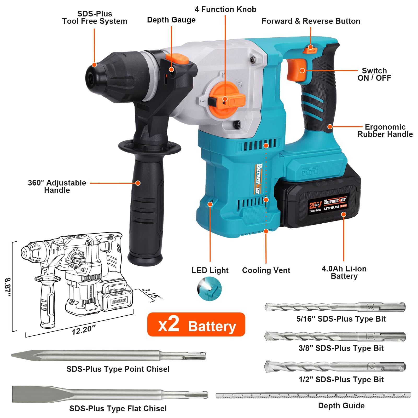 Berserker 20V Cordless Rotary Hammer Drill with SDS-Plus - 1-1/8 Inch, Brushless Motor, 2X4.0Ah Li-ion Batteries, Dual Kickback Control, 3.0A Fast Charger, 4-Speed Variable - Perfect for Concrete Drilling, Masonry Work, and Home Renovation Projects