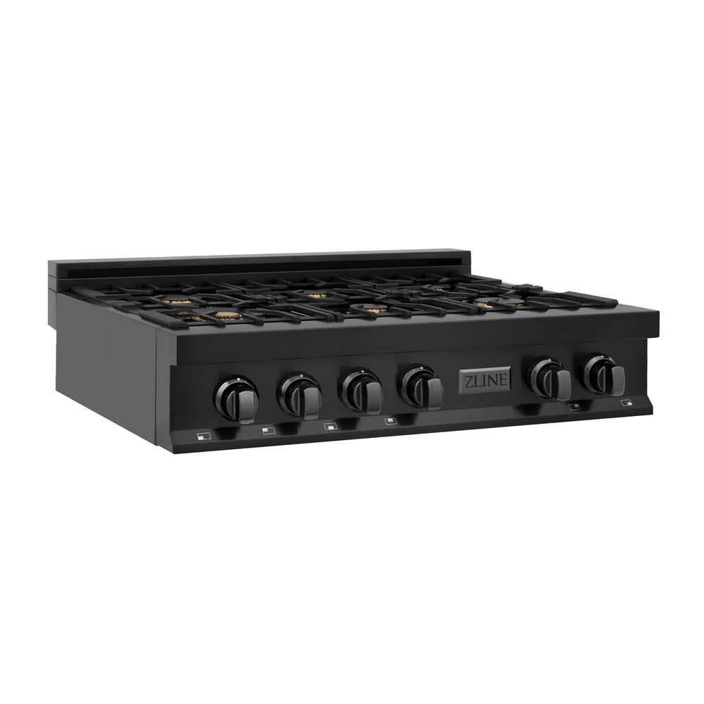 ZLINE 36 Inch Black Stainless Steel Gas Rangetop with 6 Brass Burners & Porcelain Cooktop - Professional Grade Kitchen Appliance for Home Chefs & Cooking Enthusiasts | Perfect for Gourmet Meals, Entertaining & Large Family Dinners