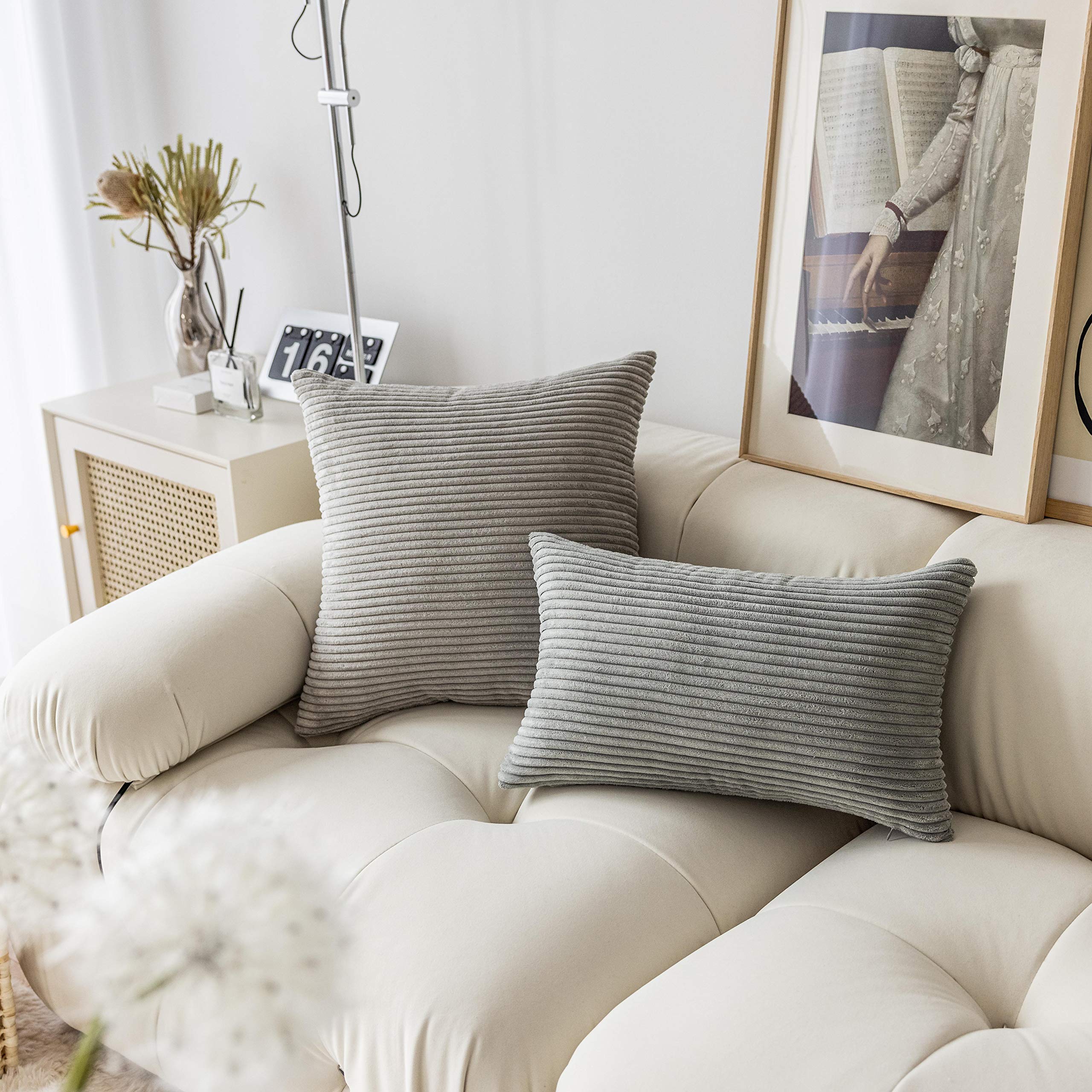 Premium Soft Corduroy Euro Sham Pillow Covers 26x26 Inch - Plush Striped Decorative Throw Pillowcases for Couch, Sofa & Bedroom - Set of 2 in Light Grey - Cozy Home Decor & Living Room Accent
