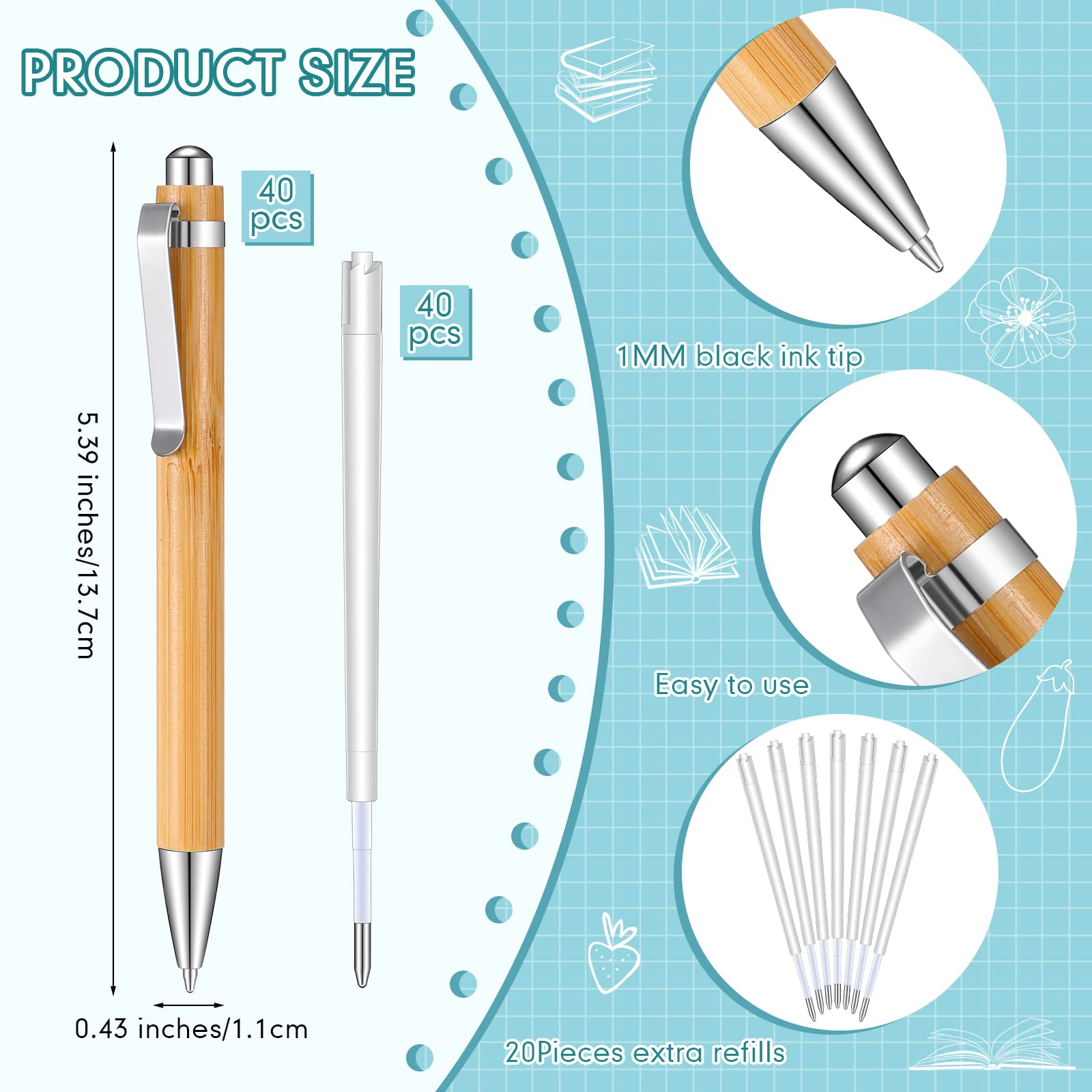 40 Pcs Bulk Bamboo Pens - Natural Wood Engraved Retractable Ballpoint Pens with Extra Black Ink Refills | Eco-Friendly Office Supplies for Writing, Journaling & Gifts