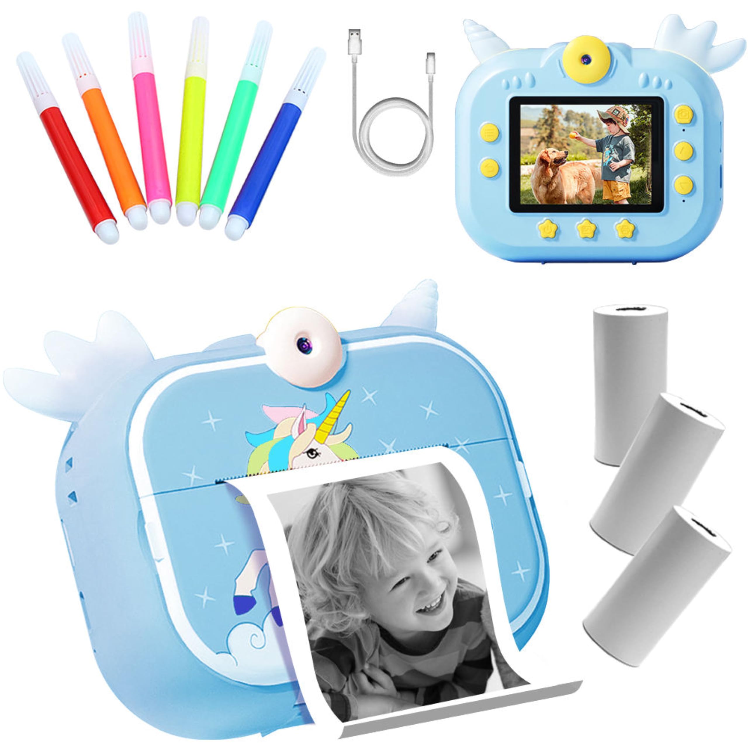 Kids Instant Print Digital Camera - Selfie Video Camera for Boys & Girls with Photo Paper Rolls & 16GB Micro SD Card | Perfect Birthday Gift for Children's Photography & Travel Adventures