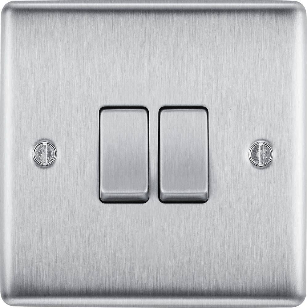 BG Nexus Brushed Steel 2-Gang 2-Way Light Switch Plate NBS42 - Modern Electrical Wall Plate for Home & Office Decor