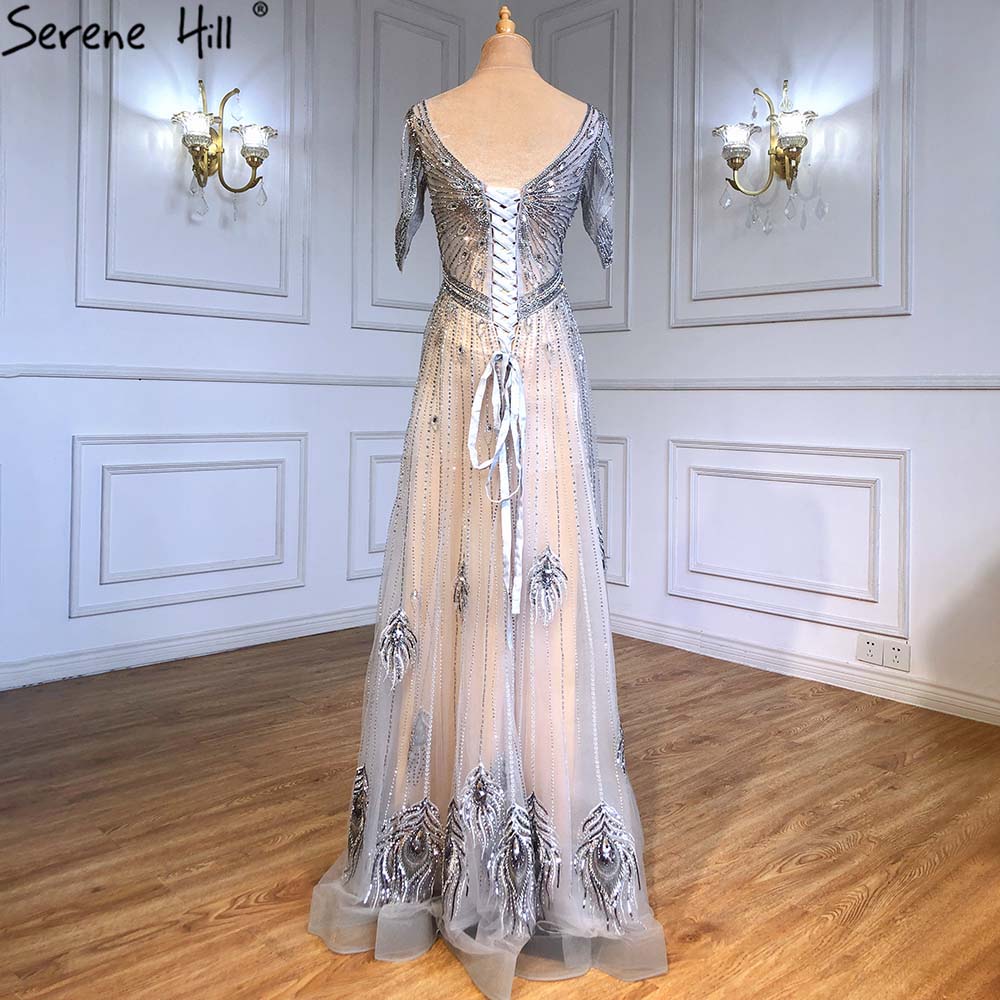 Serene Hill Grey Luxury A-Line Evening Gowns for Women 2025 | Short Sleeve Beaded Lace-Up Party Dress LA71379 | Perfect for Weddings, Galas & Formal Events