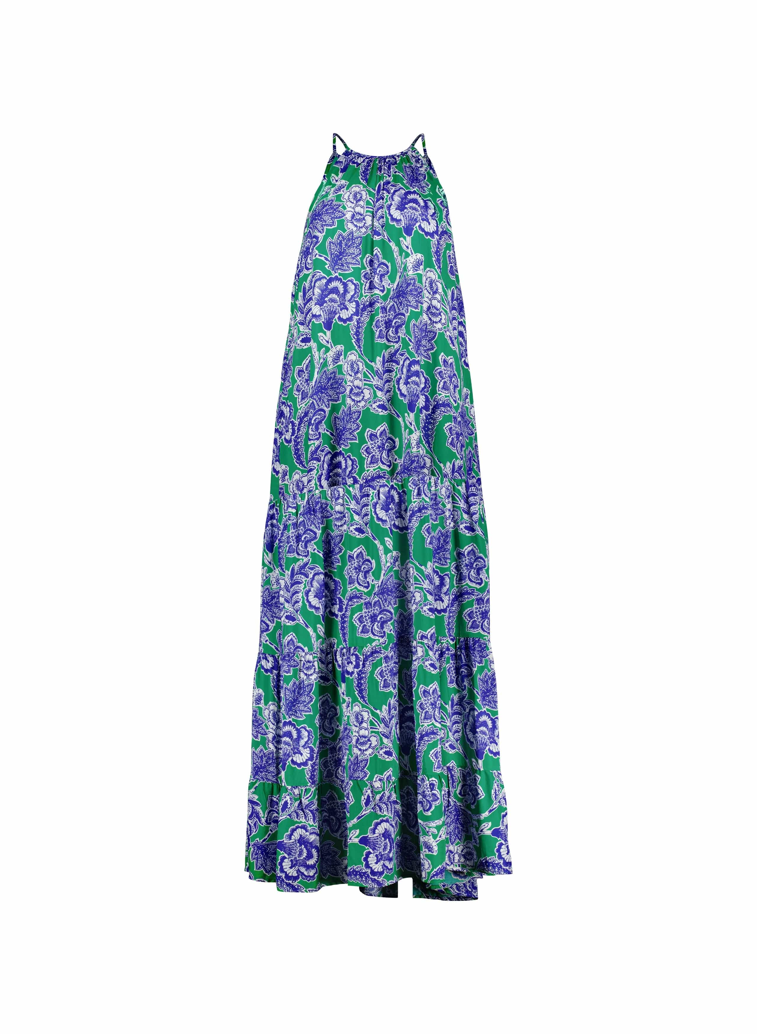 Everly Positano Print LENZING™ ECOVERO™ Halterneck Maxi Dress - Sustainable Women's Summer Dress in Green & Blue | Beach Wedding, Vacation, Boho Fashion