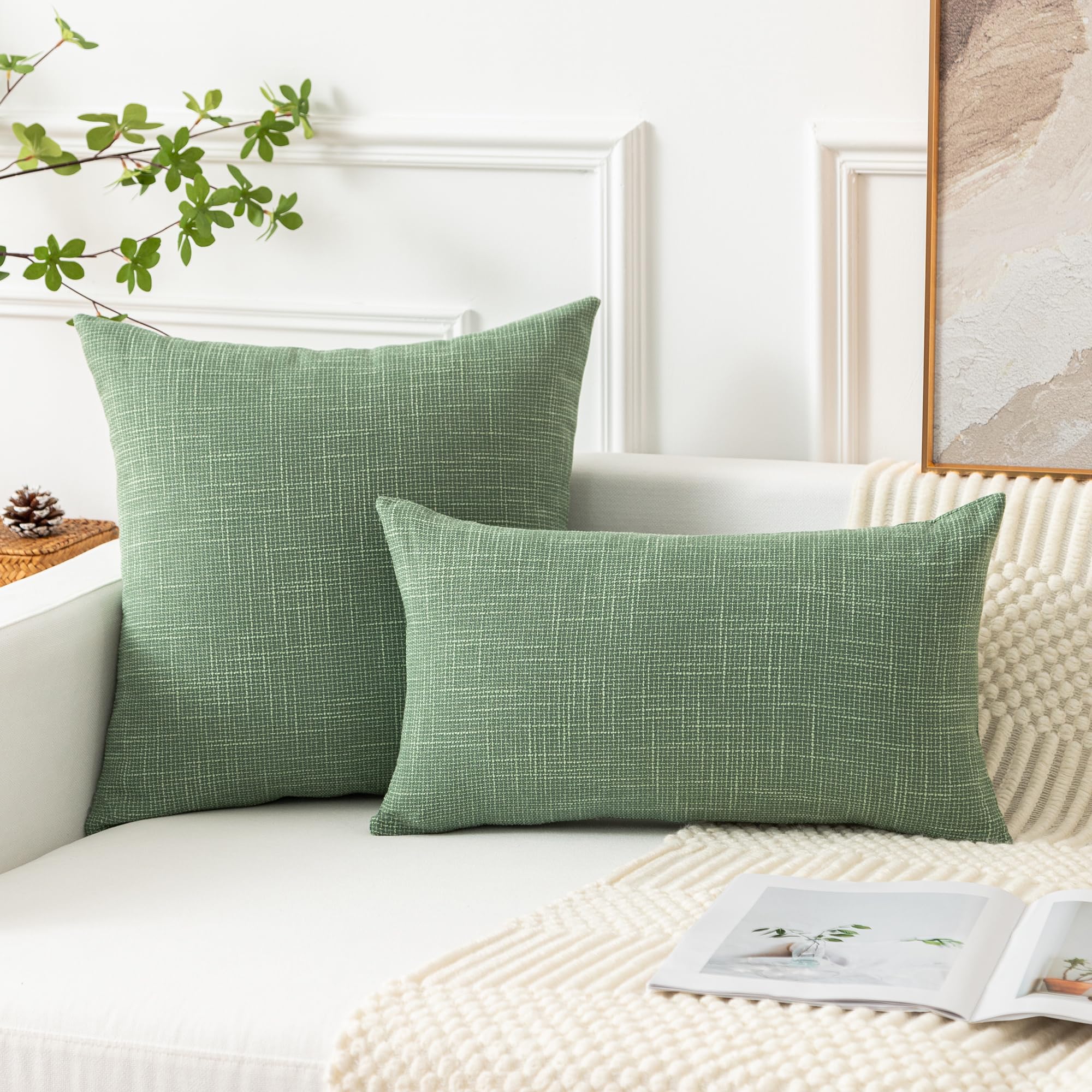 Kevin Textile Set of 2 Sage Green Linen Pillow Covers 18x18 Inch - Farmhouse Boho Decorative Throw Pillow Covers for Sofa, Couch, Bed & Home Décor - Perfect for Living Room, Bedroom and Seasonal Home Styling