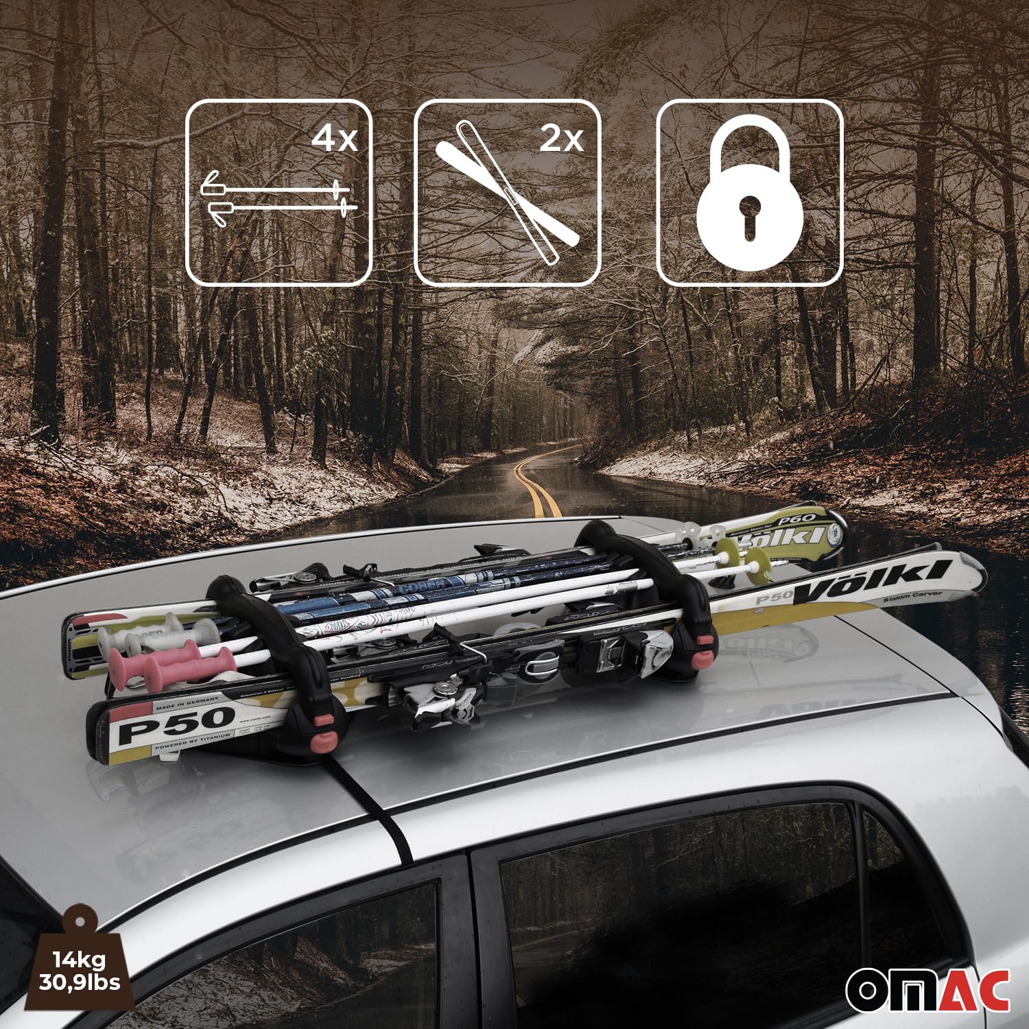 OMAC 2-Pack Black Magnetic Ski & Snowboard Roof Rack for Cars, Trucks, Vans - Universal Fit, Heavy Duty Car Carrier for Winter Sports Gear - Perfect for Ski Trips, Mountain Adventures & Snowboarding Vacations