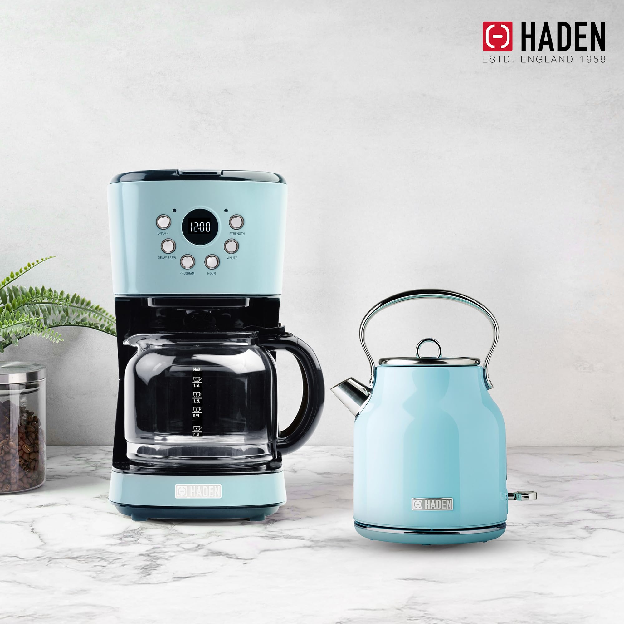 HADEN 12 Cup Drip Coffee Maker with 1.7L Stainless Steel Electric Kettle Set - Turquoise & Chrome - Perfect for Home, Office & Kitchen Use