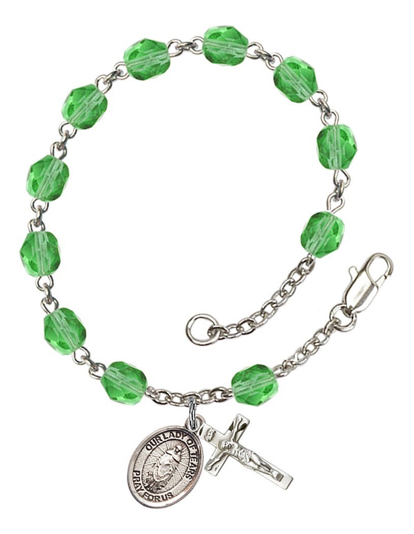 August Birthstone Beaded Rosary Bracelet with Our Lady of Tears Charm - 7.5 Inch Catholic Prayer Jewelry for Women | Perfect for Baptism, First Communion & Daily Devotion