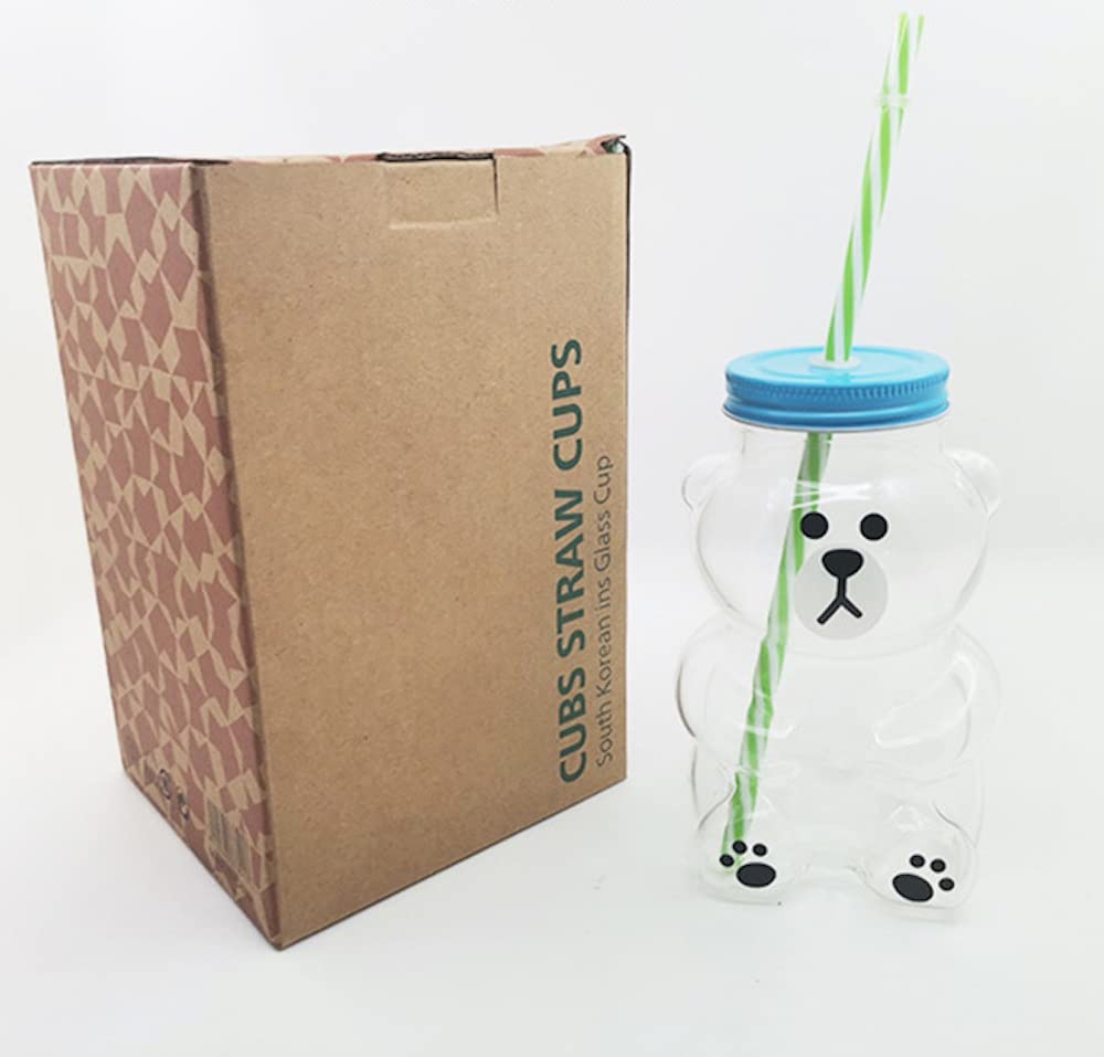 Kawaii Bear Sippy Cup 19oz - Clear Glass Cup with Lid & Straw - Cute Bear Bottle for Juice, Milk, Tea, Smoothies - BPA Free, Microwave Safe - Perfect for Kids, Home, Office & Travel (Smiling Bear Design)